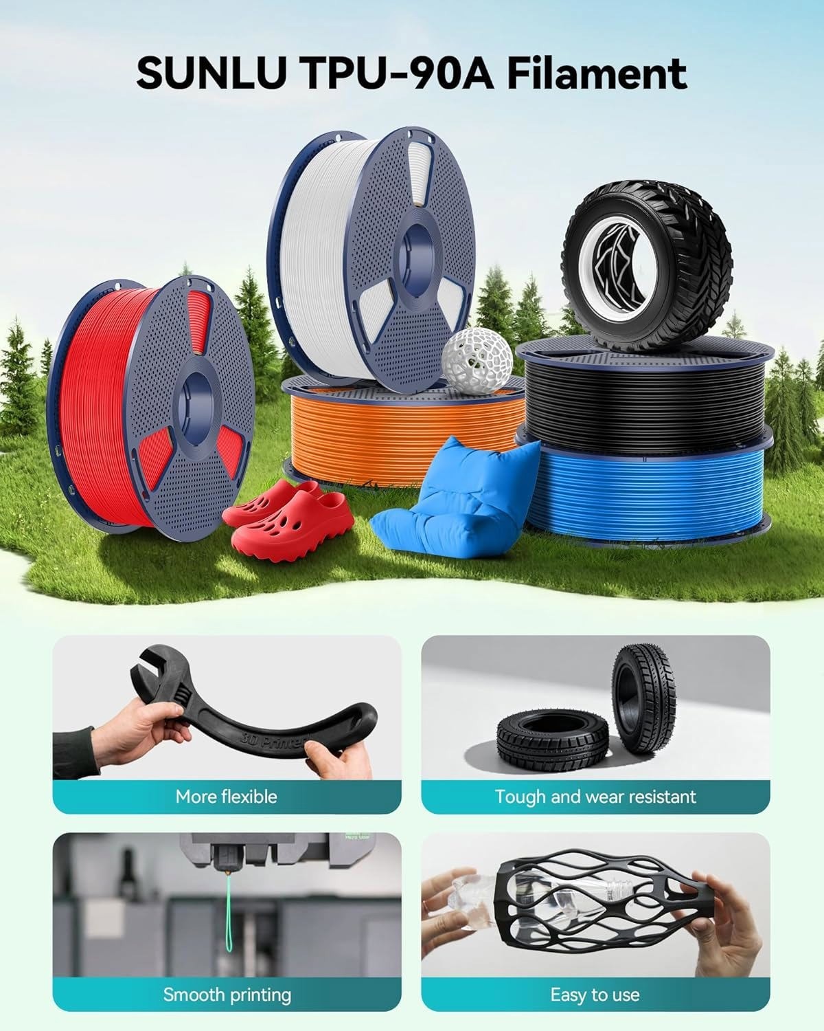 SUNLU 5x1KG PLA/PLA+2.0/SILK/PETG/ABS/TPU 3D Printer Filament 1.75mm 1KG/Spool