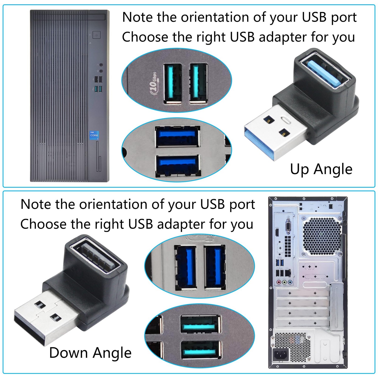 Right Angle USB 3.2 Male To Female Adapter 10Gbps 90 Degree Up Angle 2 PCS
