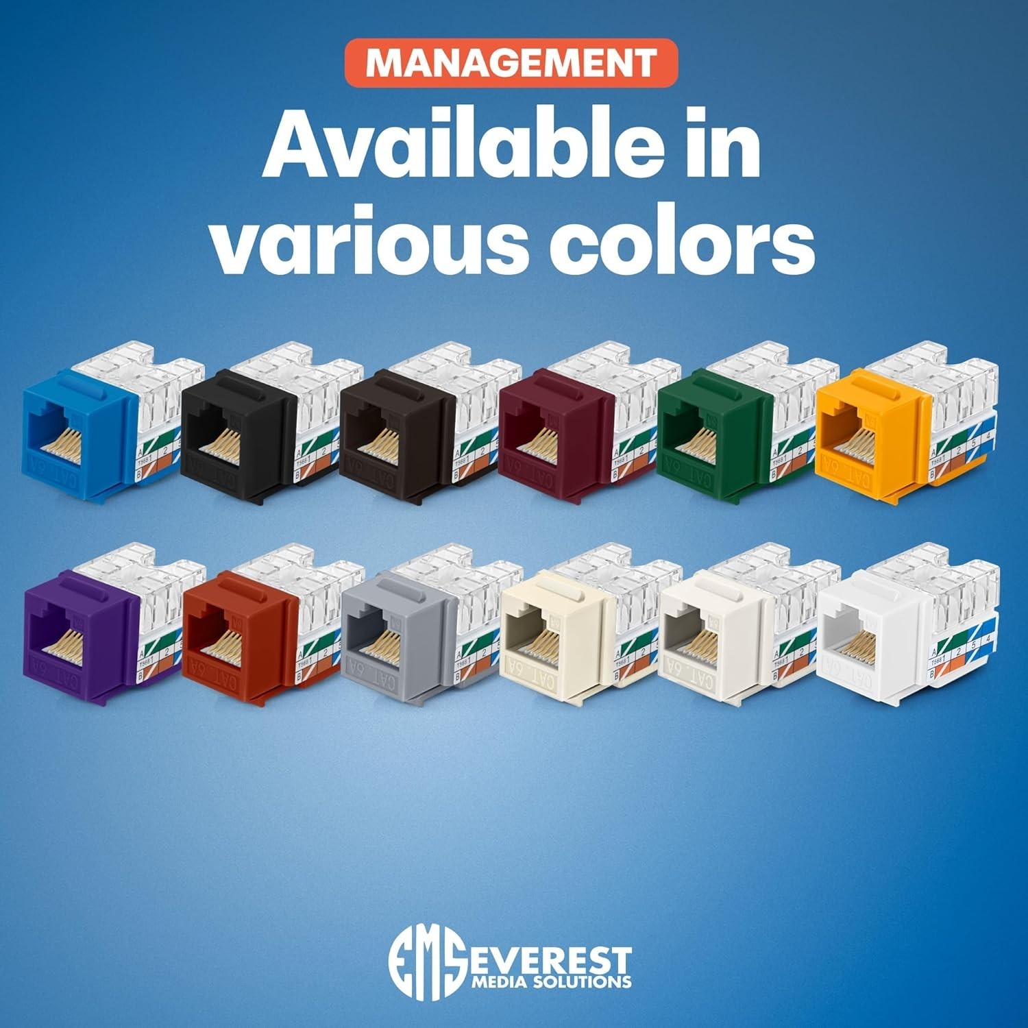 Everest 50-Pack Cat6A Keystone Jacks 90° Angled RJ45 Connectors White