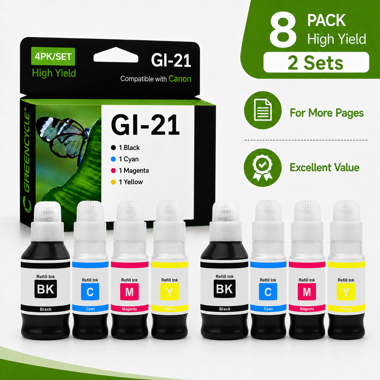 8 Pack GI-21 Ink Bottle Set Compatible with Canon G3290/G4270/G1220/G3262