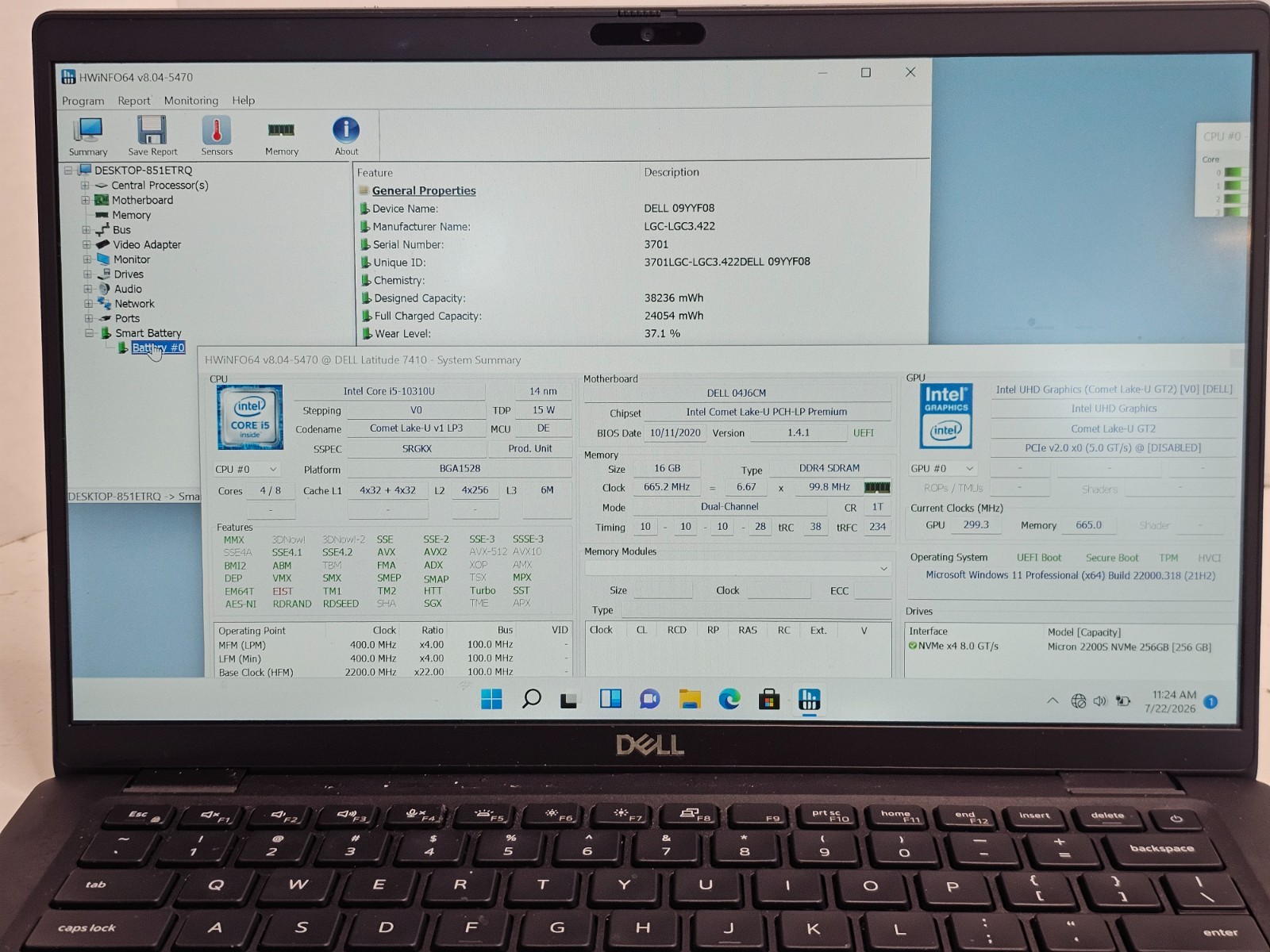 Dell Latitude 7410 14″ Laptop i5-10310U 1.7GHz 16GB RAM 256GB SSD Win11 #04