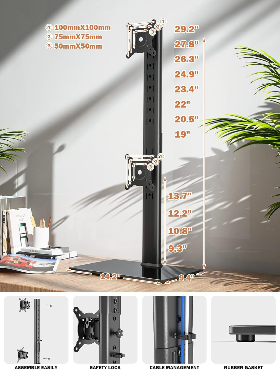 Dual Vertical Monitor Stand Mount 2 Screens 13-34 Inch Swivel Tilt Height Adj