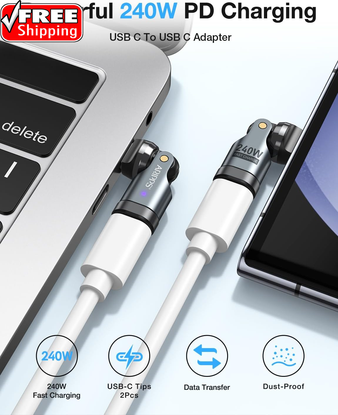 USB C Adapter [2-Pack], PD 240W USB C 90 Degree Adapter, USB Type C Right Angle