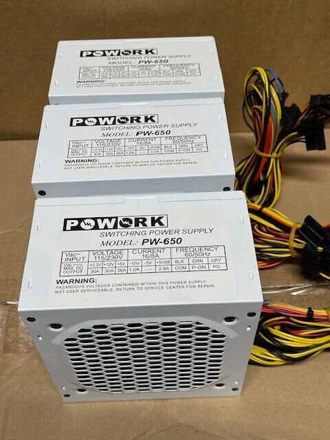 NEW–(Lot of 3) Powork 650w-MAX ATX Power Supply 12cm-Fan 20+4Pin SATA & 6-Pin