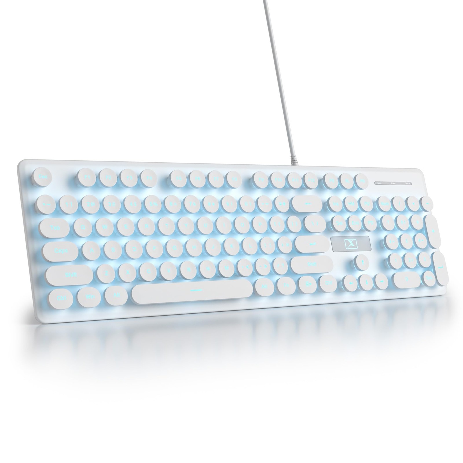 White Wired Retro Typewriter Keyboard 104 Round Keys Blue LED Backlit PC Mac