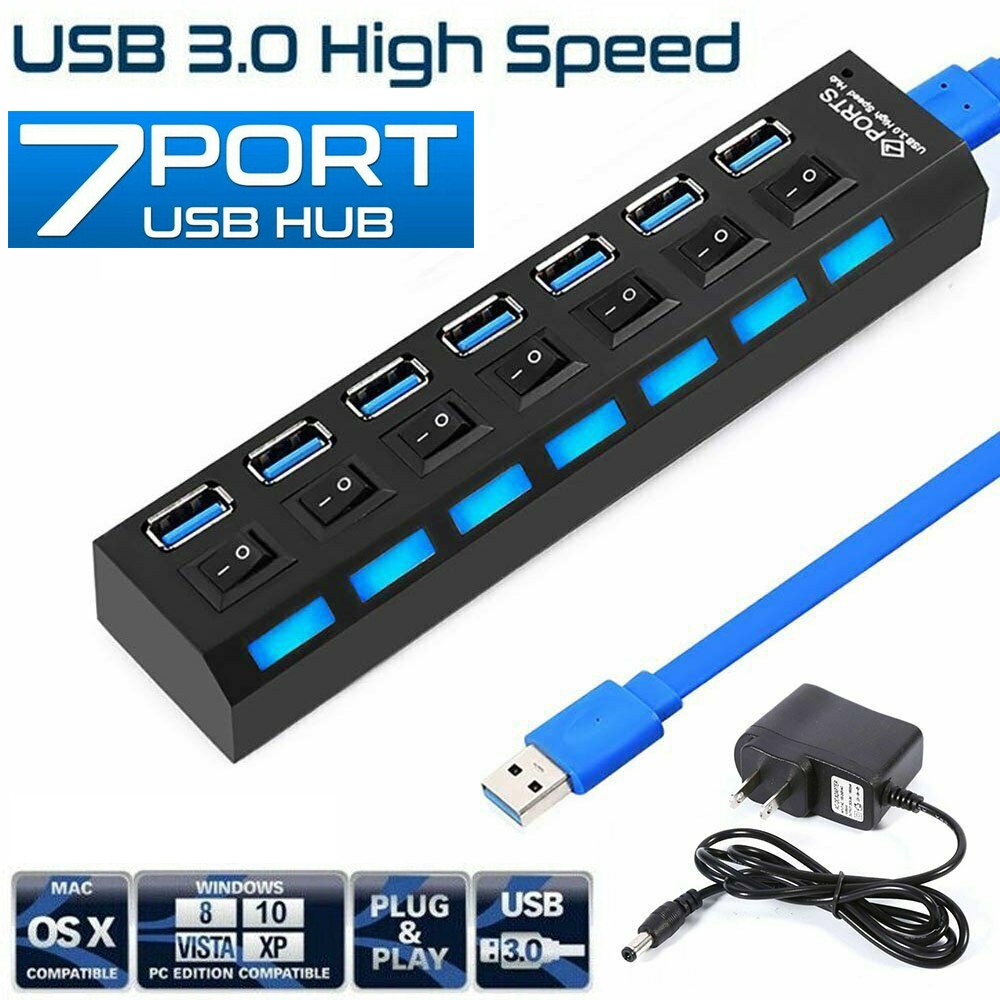 4/7 Port USB 3.0 High Speed HUB Splitter Box With ON/OFF Switch AC Power Adapter