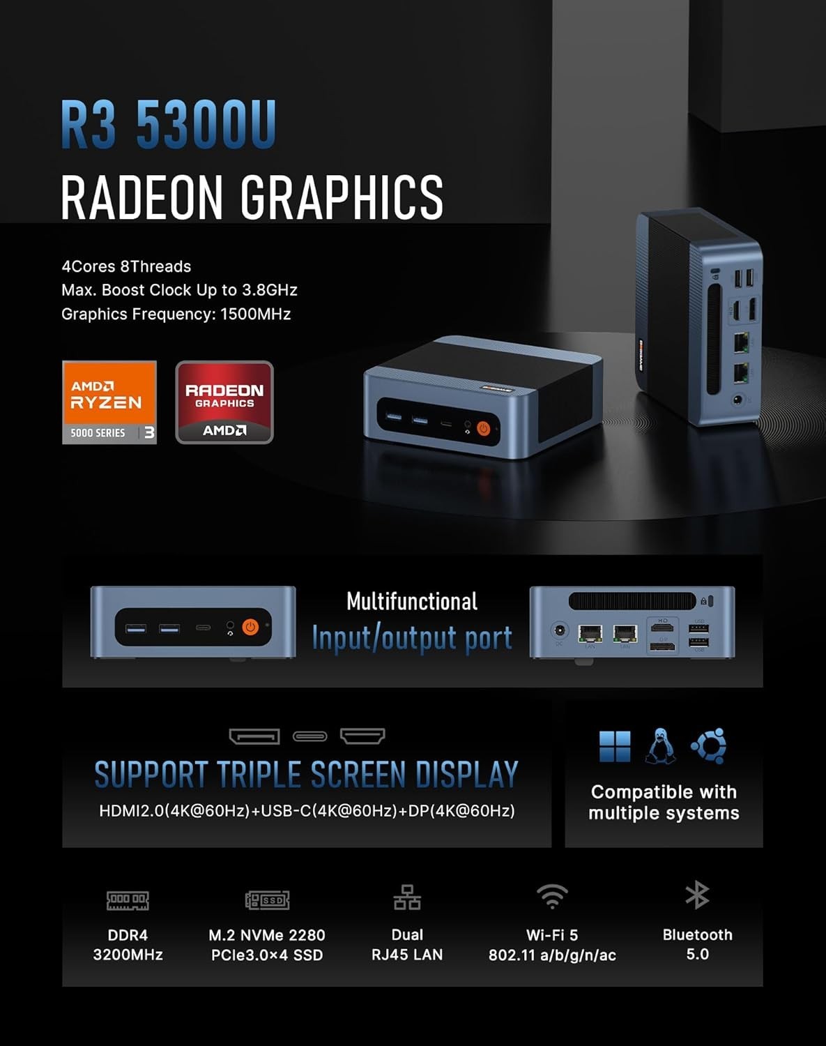 SEALED BOSGAME E5 Mini PC, AMD Ryzen 3 5300U 16GB DDR4 RAM 1TB M.2 SSD