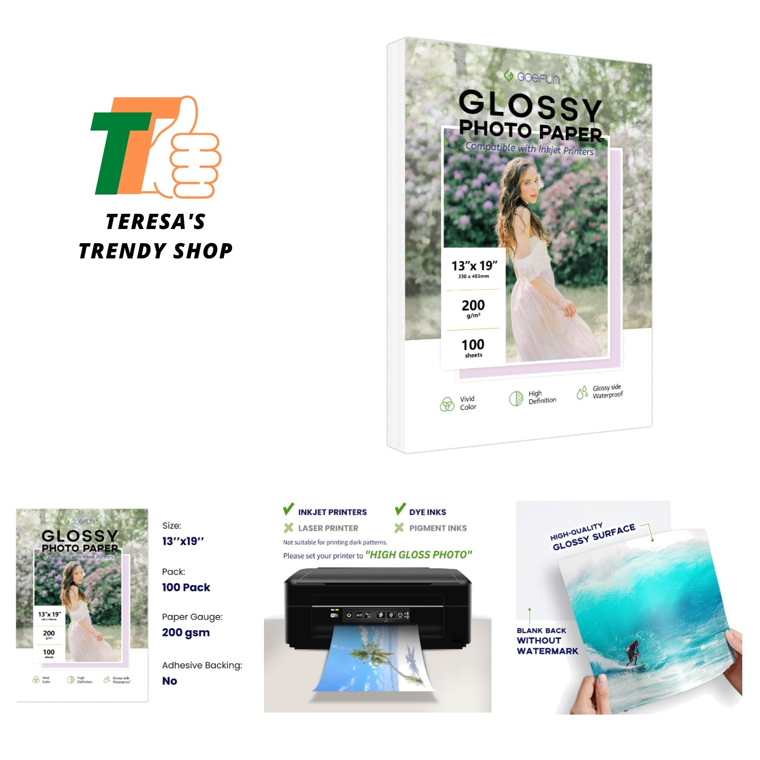 High-Quality 200 GSM 13×19 Glossy Photo Paper – 100 Sheets for Inkjet Printing