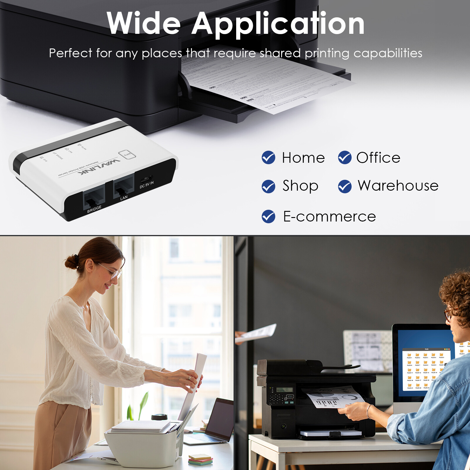 480Mbps USB 2.0 Wireless Printer Adapter Server WiFi 10/100Mbps LAN/Bridge