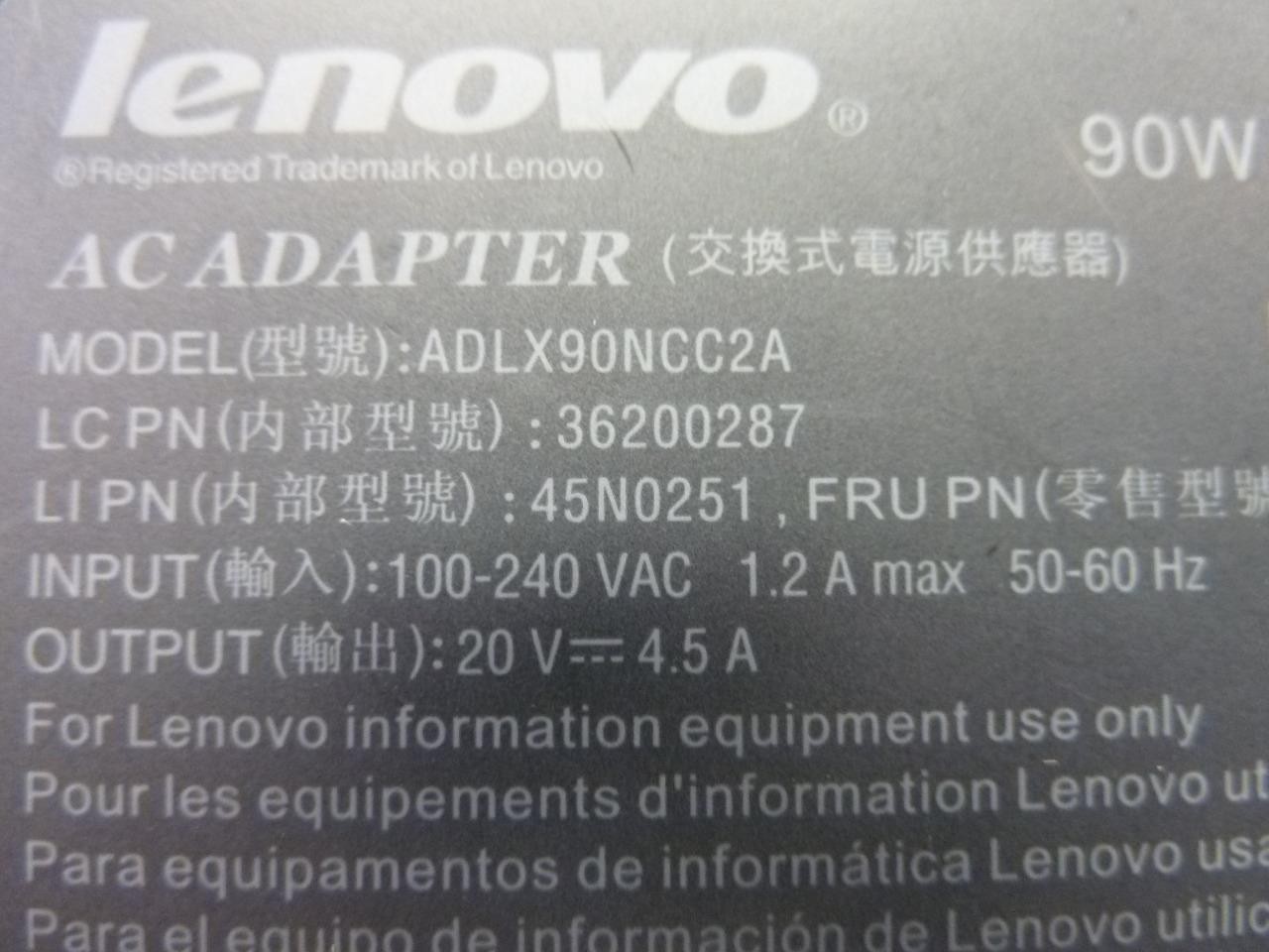 Genuine Lenovo 90W AC Power Adapter 20V 4.5A ADLX90NLC2A, 36200287, 45N0483