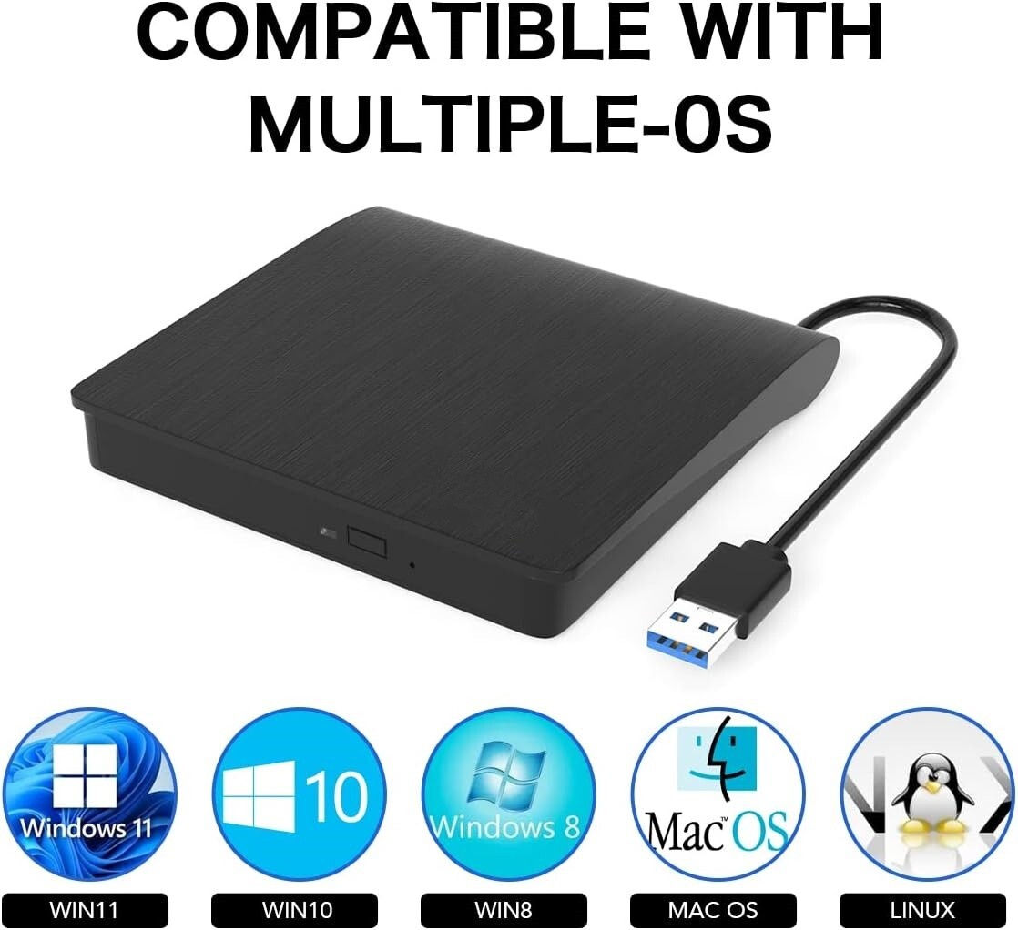2024 External CD DVD RW Drive USB 3.0 Writer Burner Player Black For Laptop PC