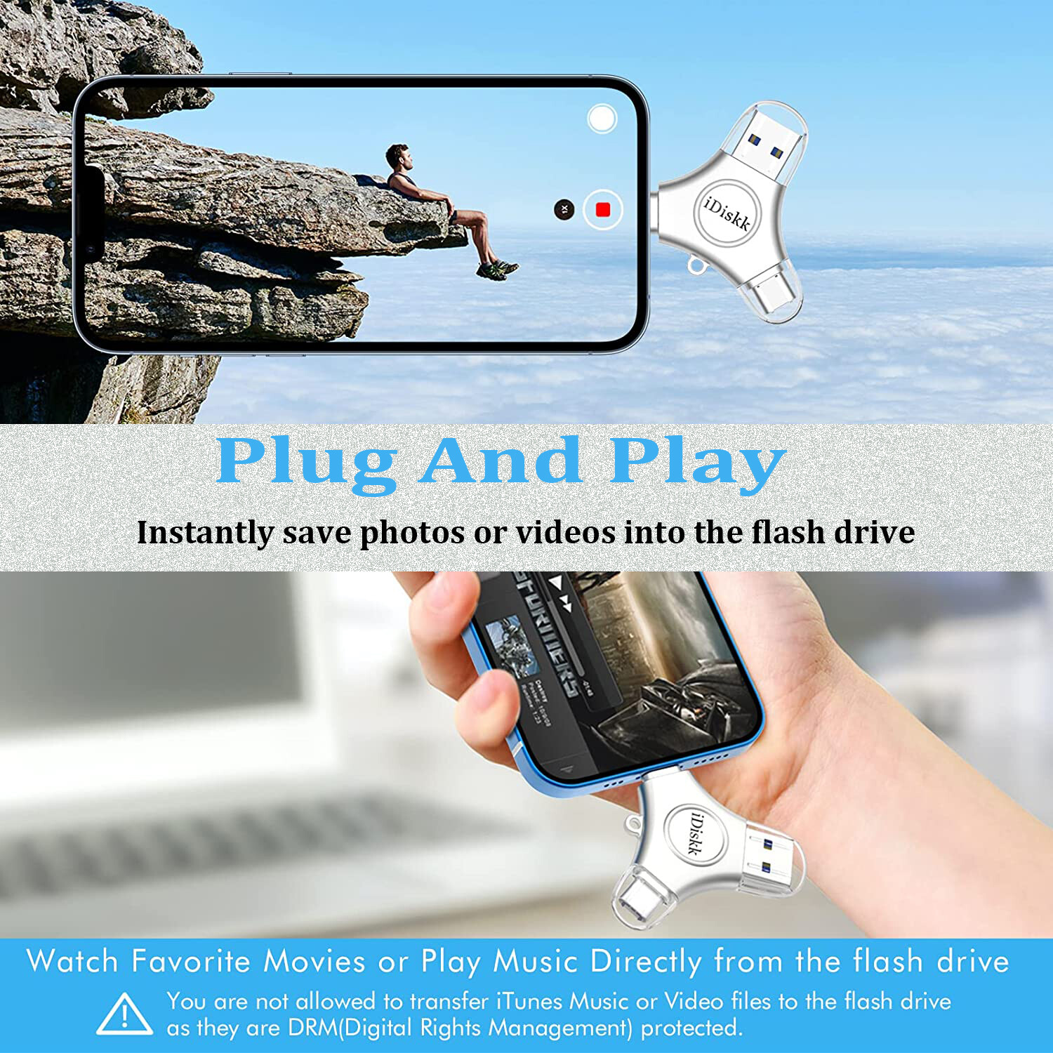 iDiskk 3 IN 1 USB Flash Drive Memory Storage Photo Stick for iPhone iPad Android