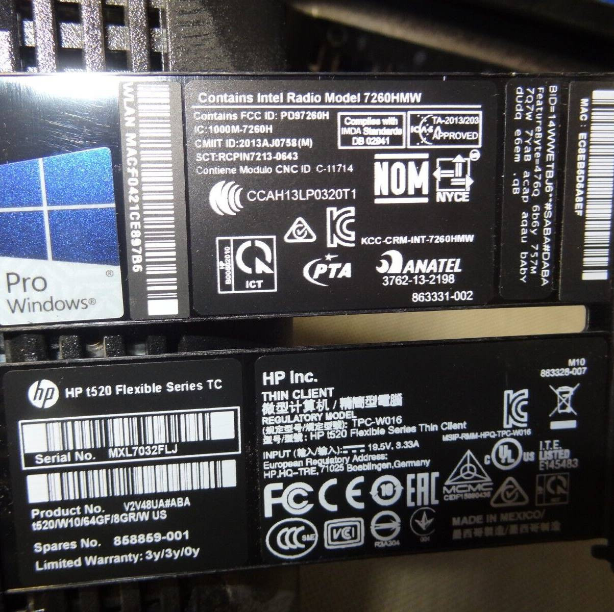 HP T520 W10 IoT Thin Client /8GB/64GB/WIFI 802.11ac V2V48UA#ABA /Lot Qty Avail