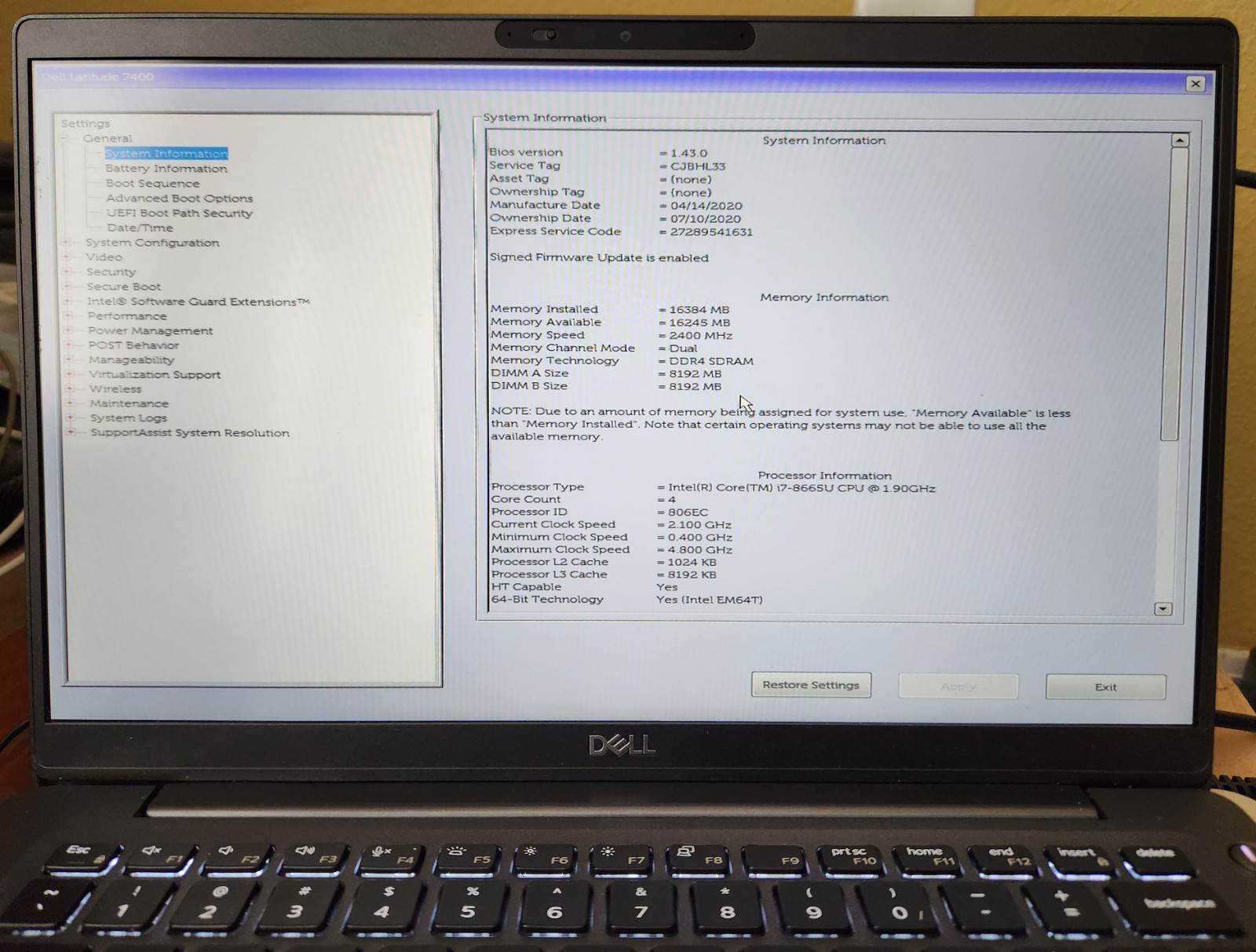 Dell Latitude 7400 14″ Intel i7-8665U 1.9GHz 16GB RAM/512GB SSD/Windows 11