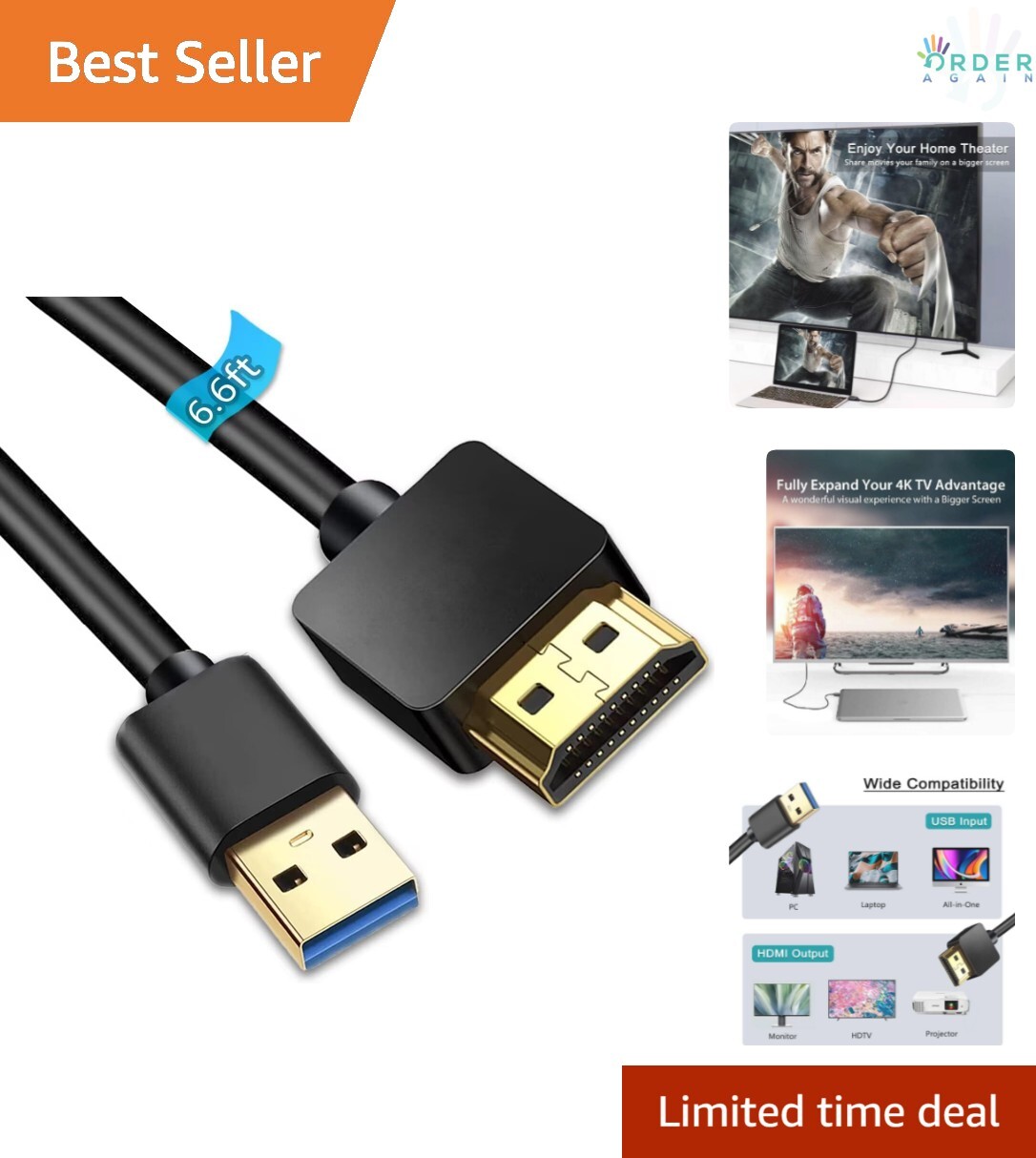 USB 3.0 to HDMI Male Cable – 6.6FT Adapter for Multi-Monitor Setup with Drivers