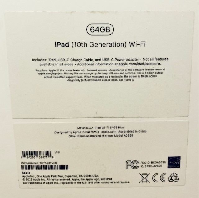 Apple iPad (10th Generation) A2696 64GB, Wi-Fi, 10.9 in – Blue