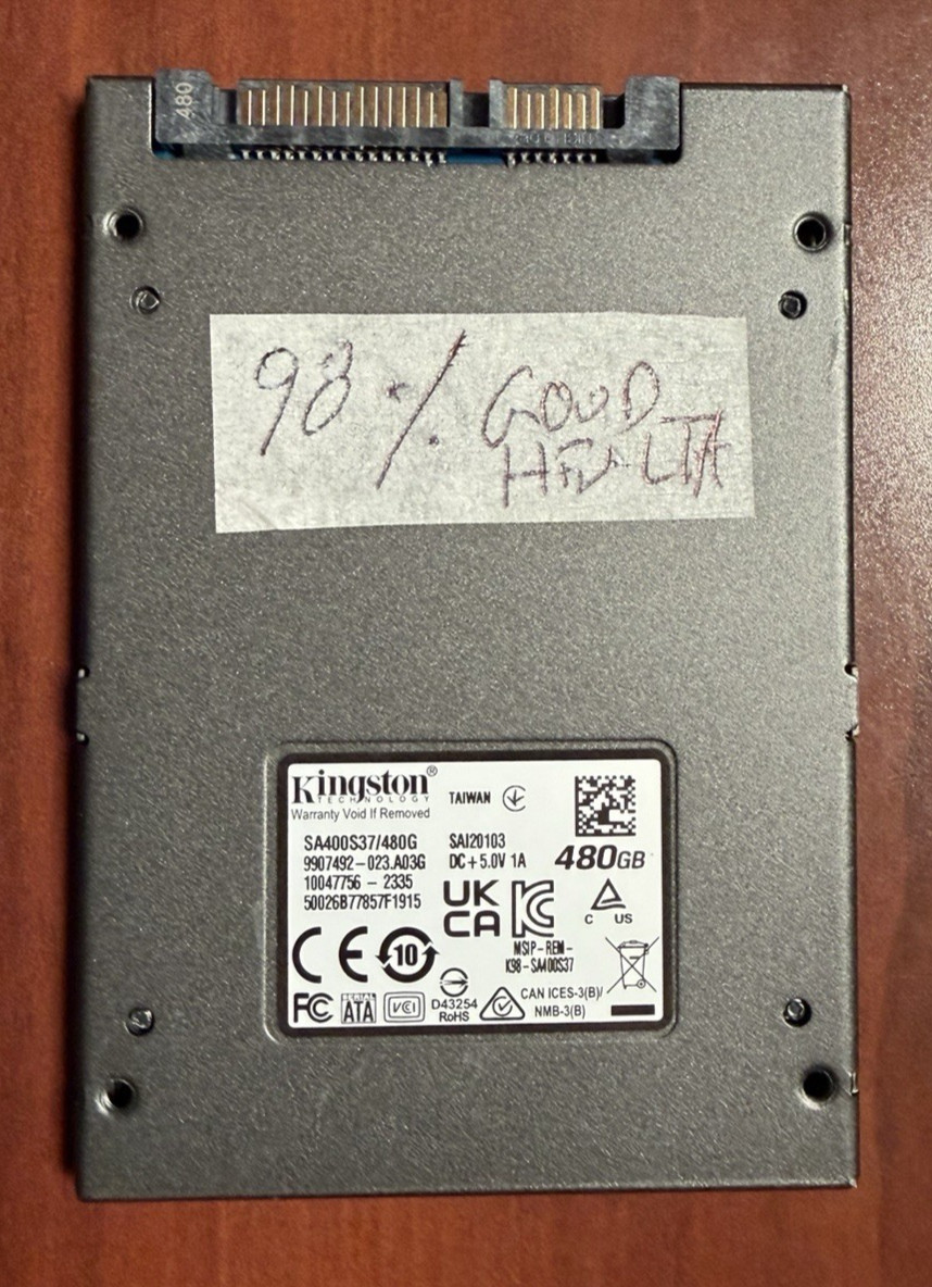 Kingston 480GB SSD 2.5″ SATA III Tested Good, Only 1190 Power On Hours