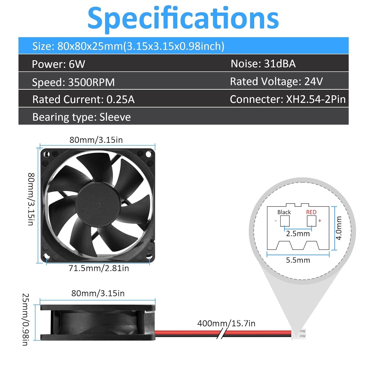 24V DC 80mm Cooling Fan – Silent Operation and Easy 2-Pin Connection – 2-Pack