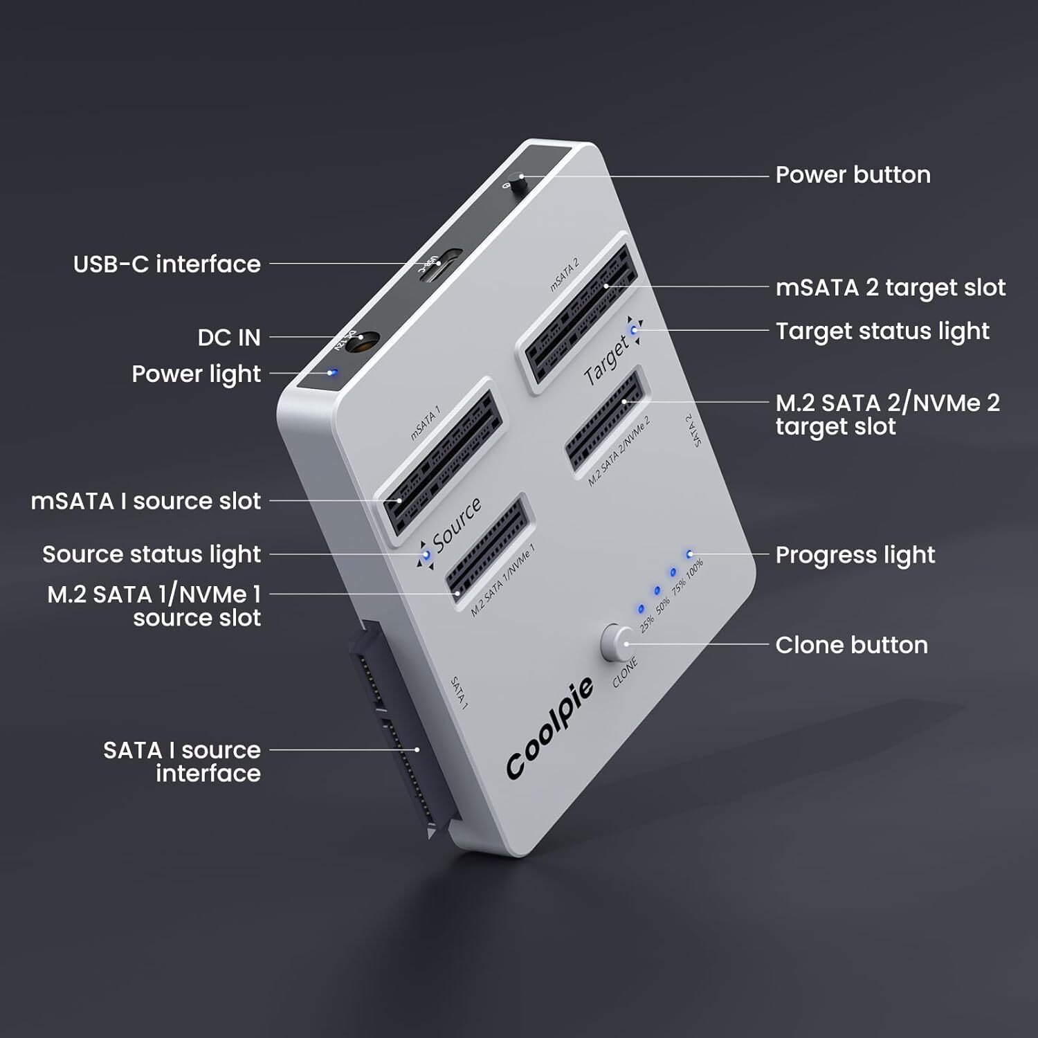 NVME/SATA 3-in-1 SSD Cloner Offline Clone M.2 Cloner fr M.2 NVME/SATA、mSATA、SATA