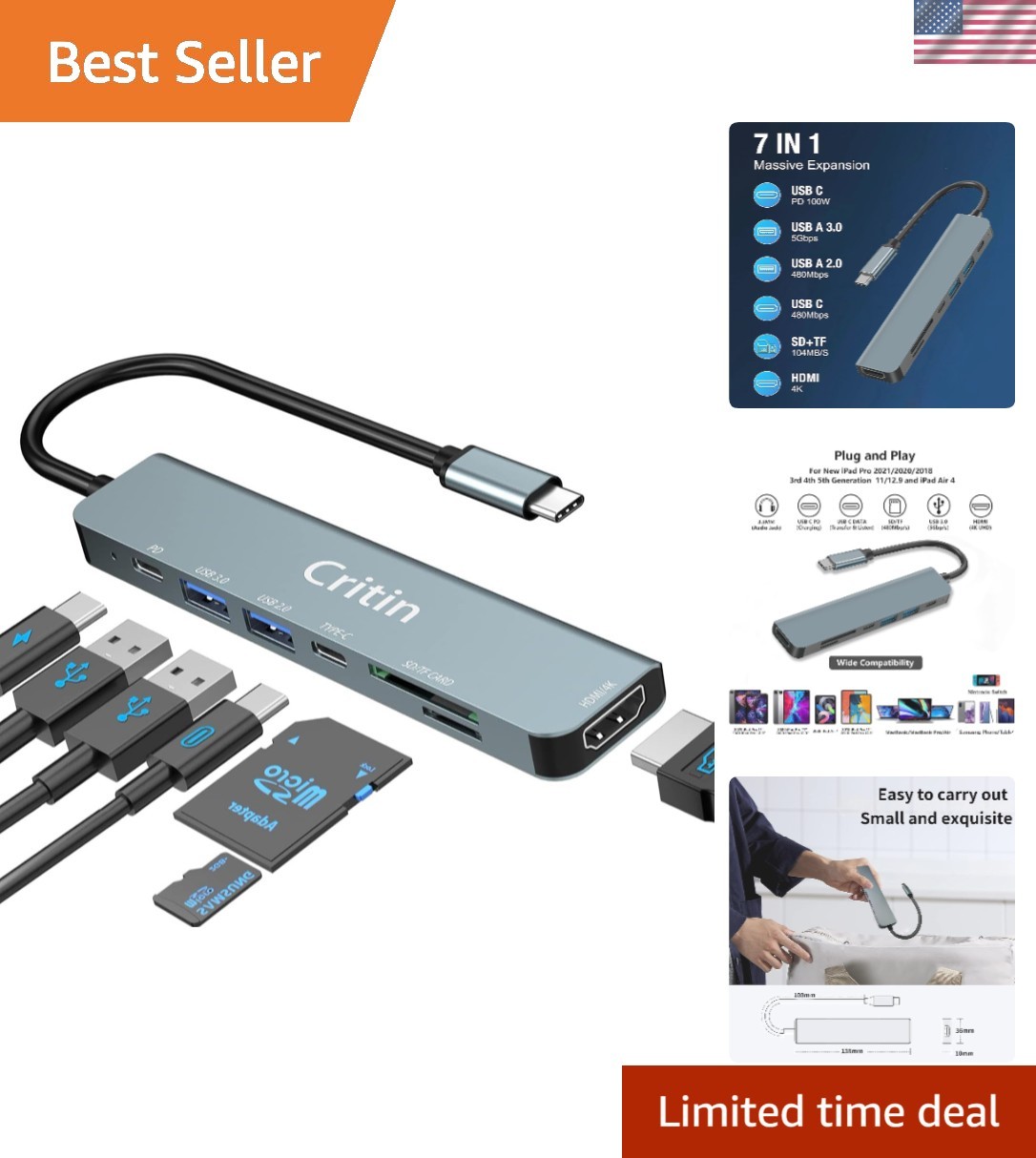 7-in-1 USB C Hub with 4K Output & 100W PD Charging for Ultimate Convenience