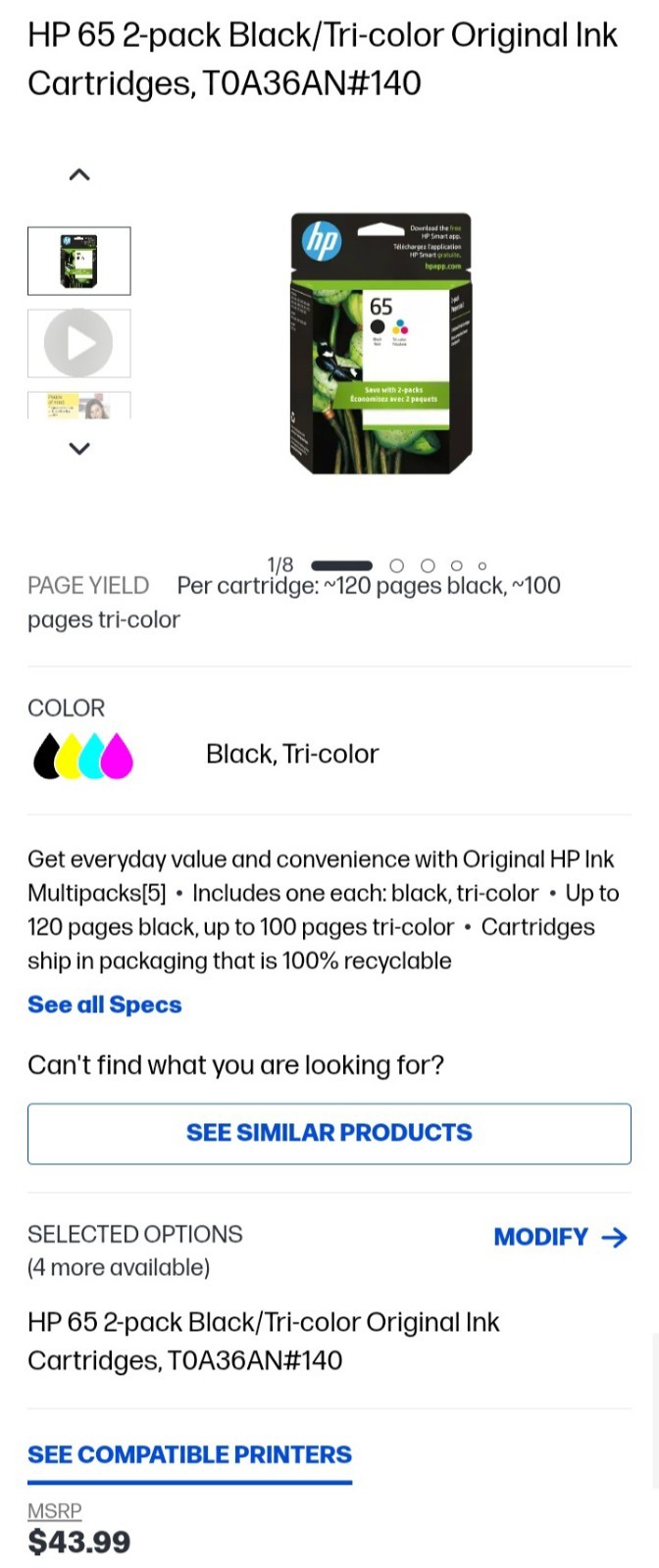 GENUINE OEM HP 65 (T0A36AN) BlLACK & Tri-COLOR Original Ink Cartridges BRAND NEW