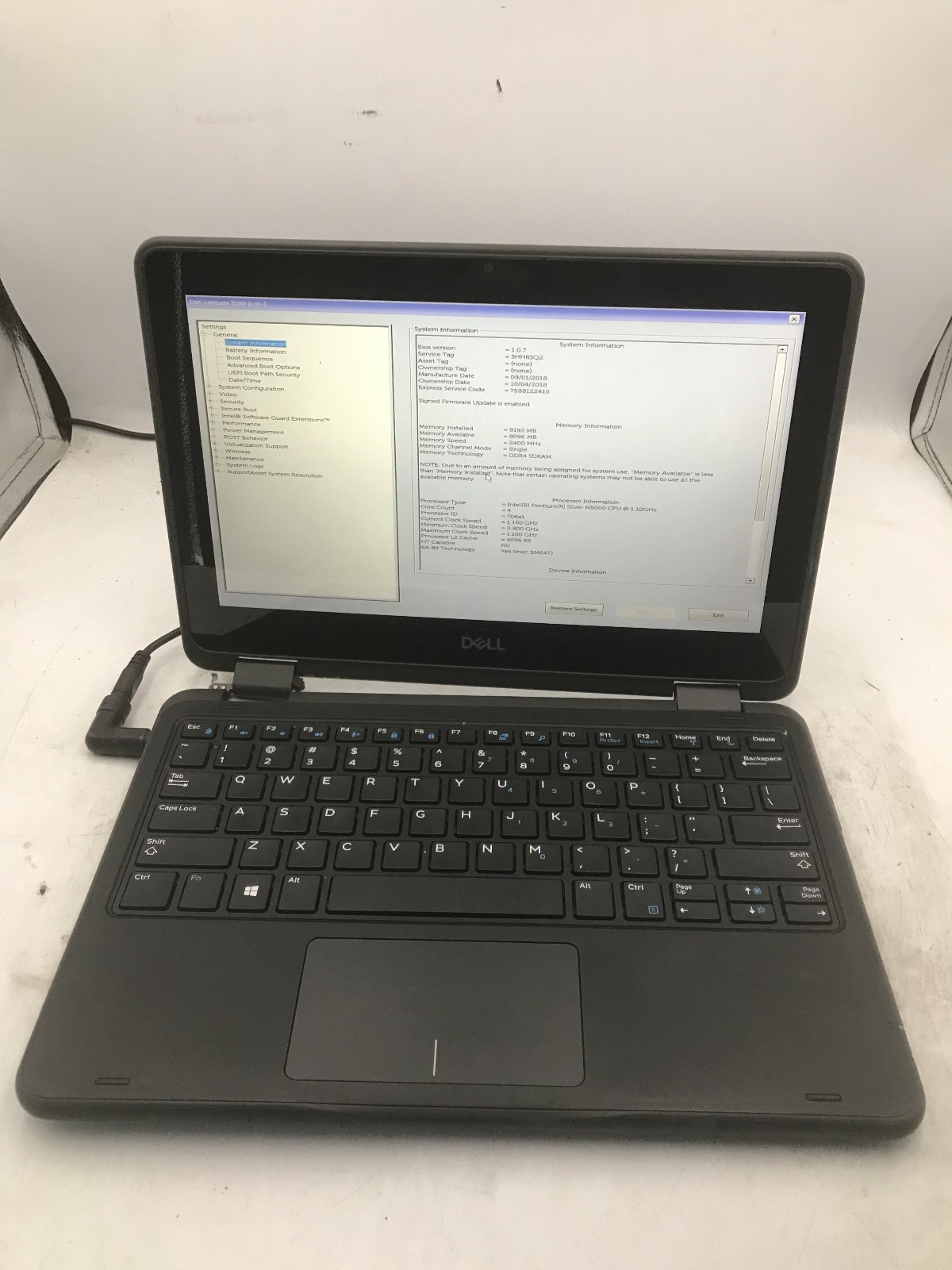 DELL LATITUDE 3190 -BOOTS TO BIOS- INTEL PENTIUM SILVER N5000 – 8GB RAM -READ-BB
