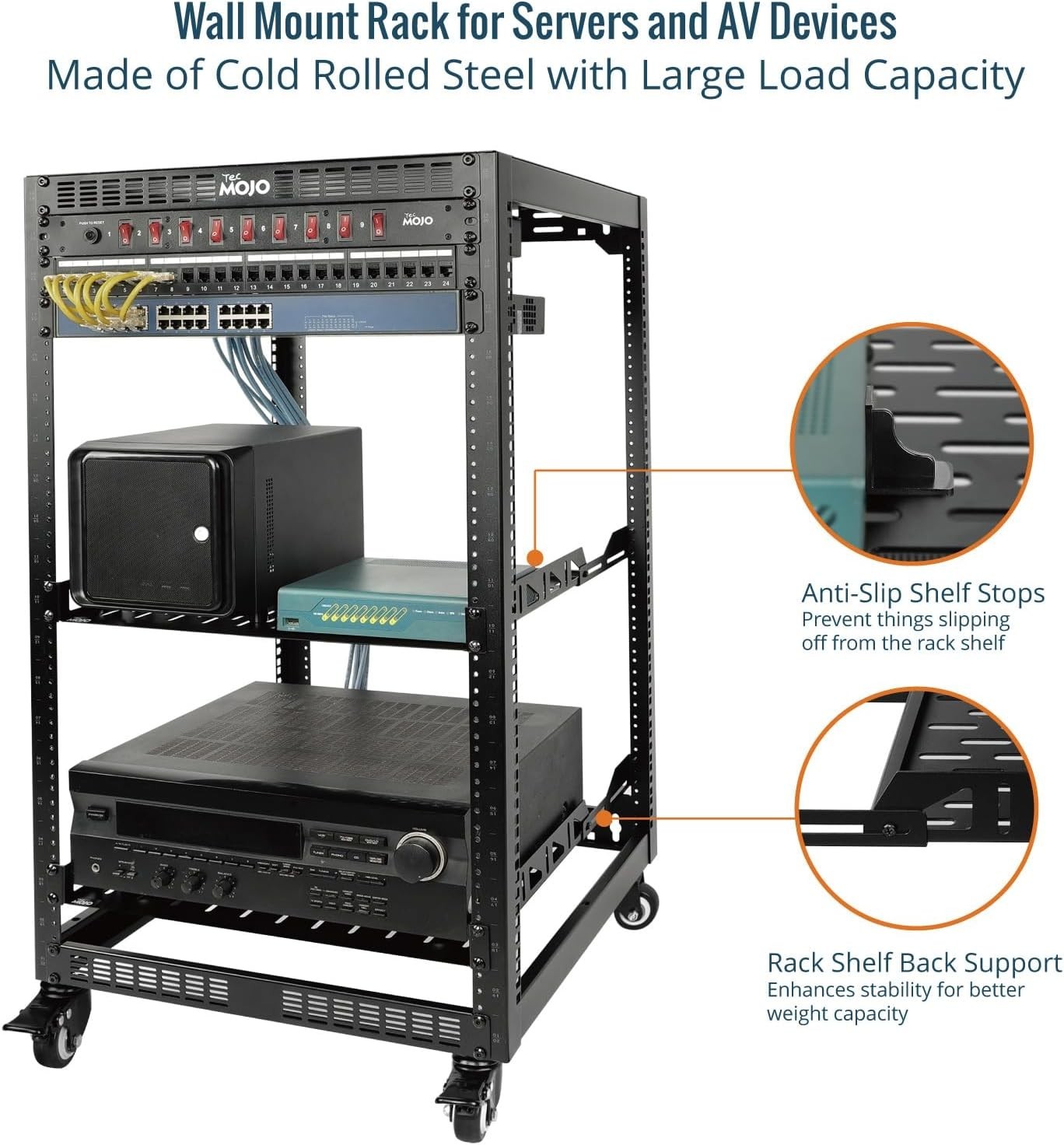 20U Open Frame Network Rack for IT & AV Gear, 4-Post With Casters, Mobile Wit…