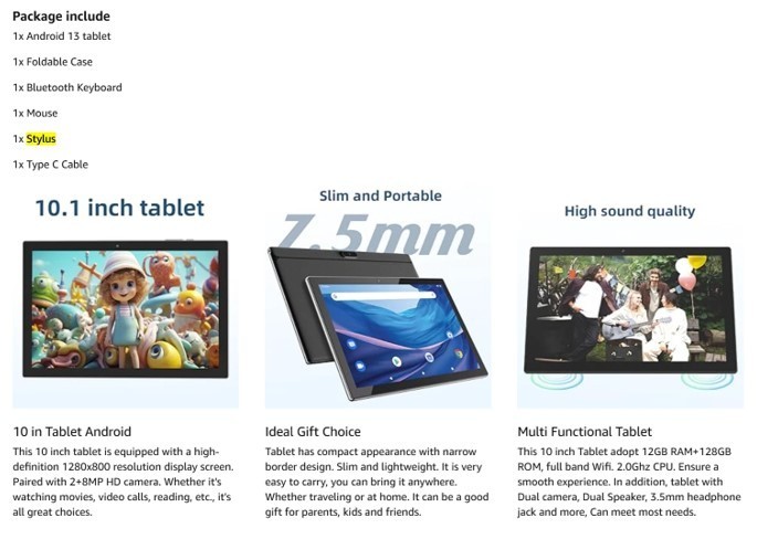 10 Inch Android 15 Wi-Fi Tablet, Keyboard & Stylus 12GB RAM 64GB ROM 3-Colors