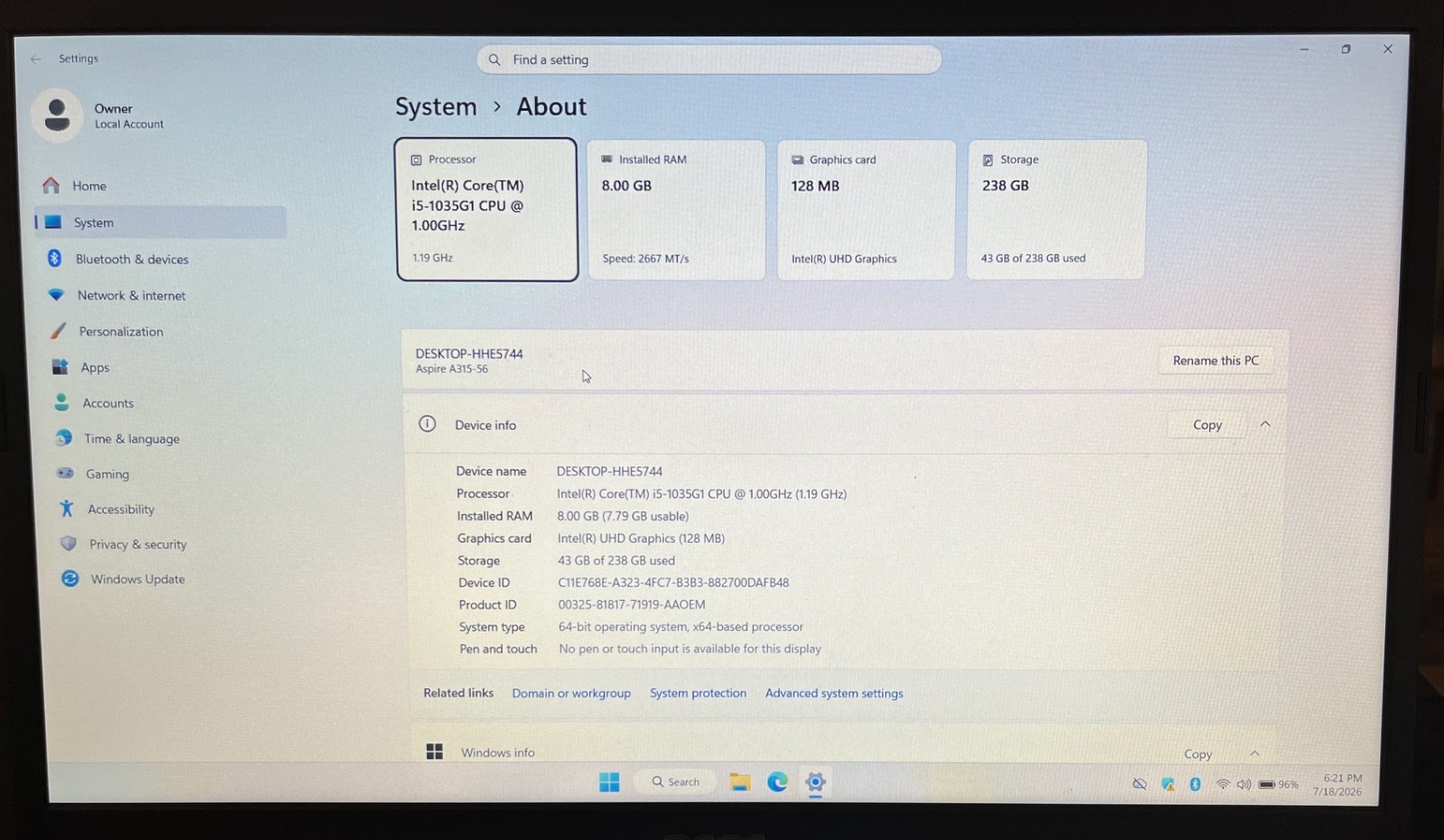 Acer Aspire A315-56.15”.1.00 GHz i5. 256GB SSD. 8GB Ram. Windows 11 Home (25H2)