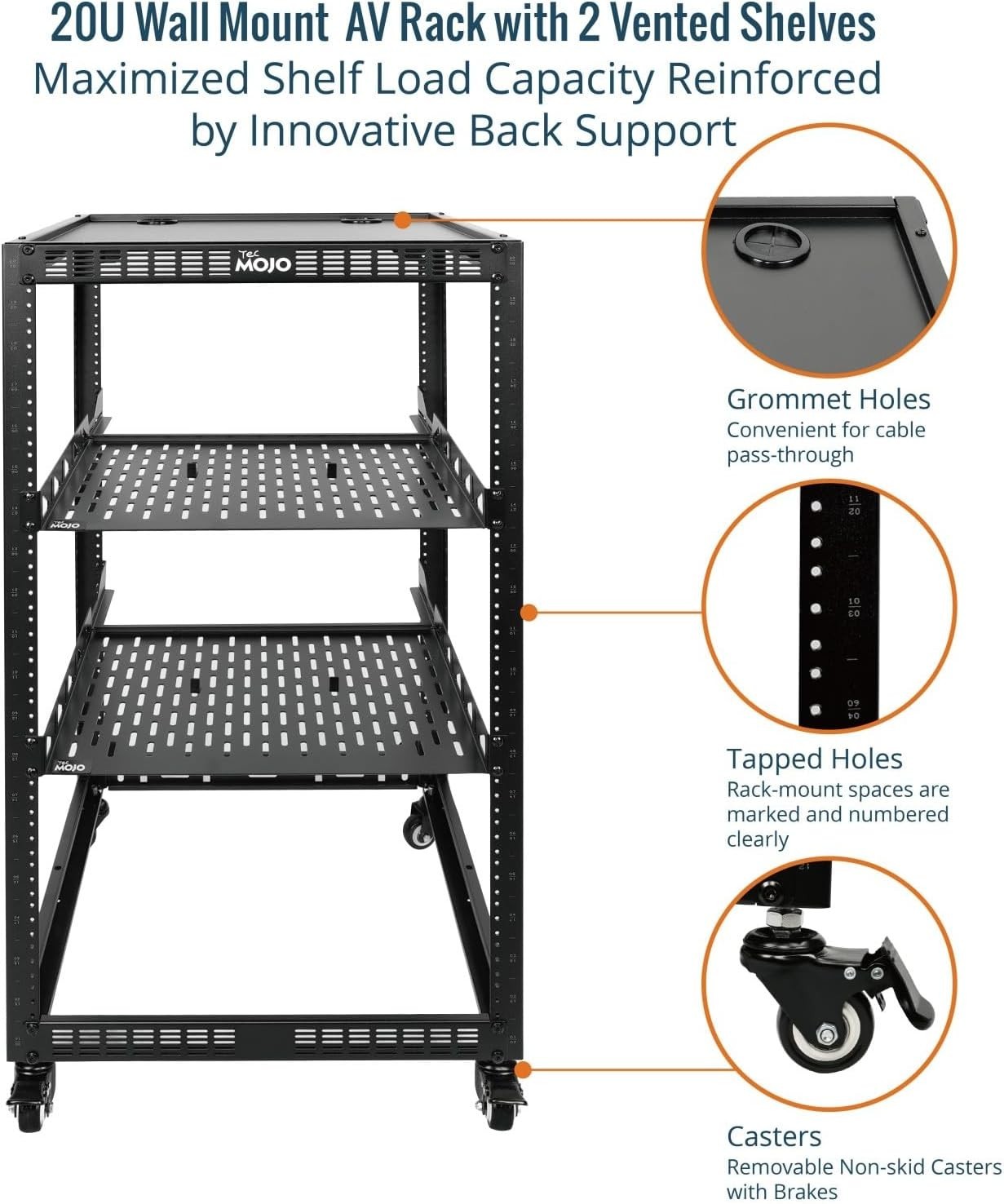 20U Open Frame Network Rack for IT & AV Gear, 4-Post With Casters, Mobile Wit…