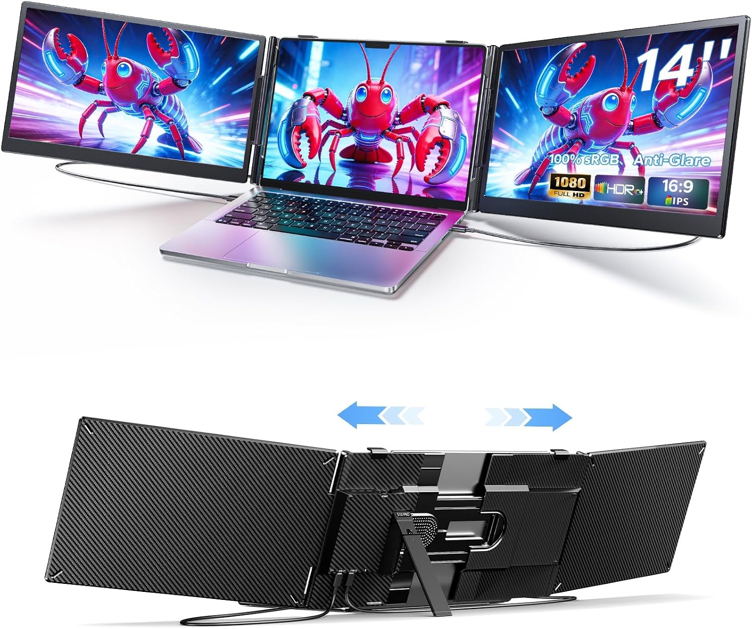 Triple Monitor 14” Screen Extender, 1080P FHD IPS for 13”-17.3” Laptops
