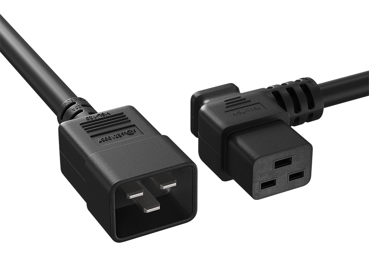 3ft C20 to Left Angle C19 Power Cord 12AWG 20A/250V UL, Black