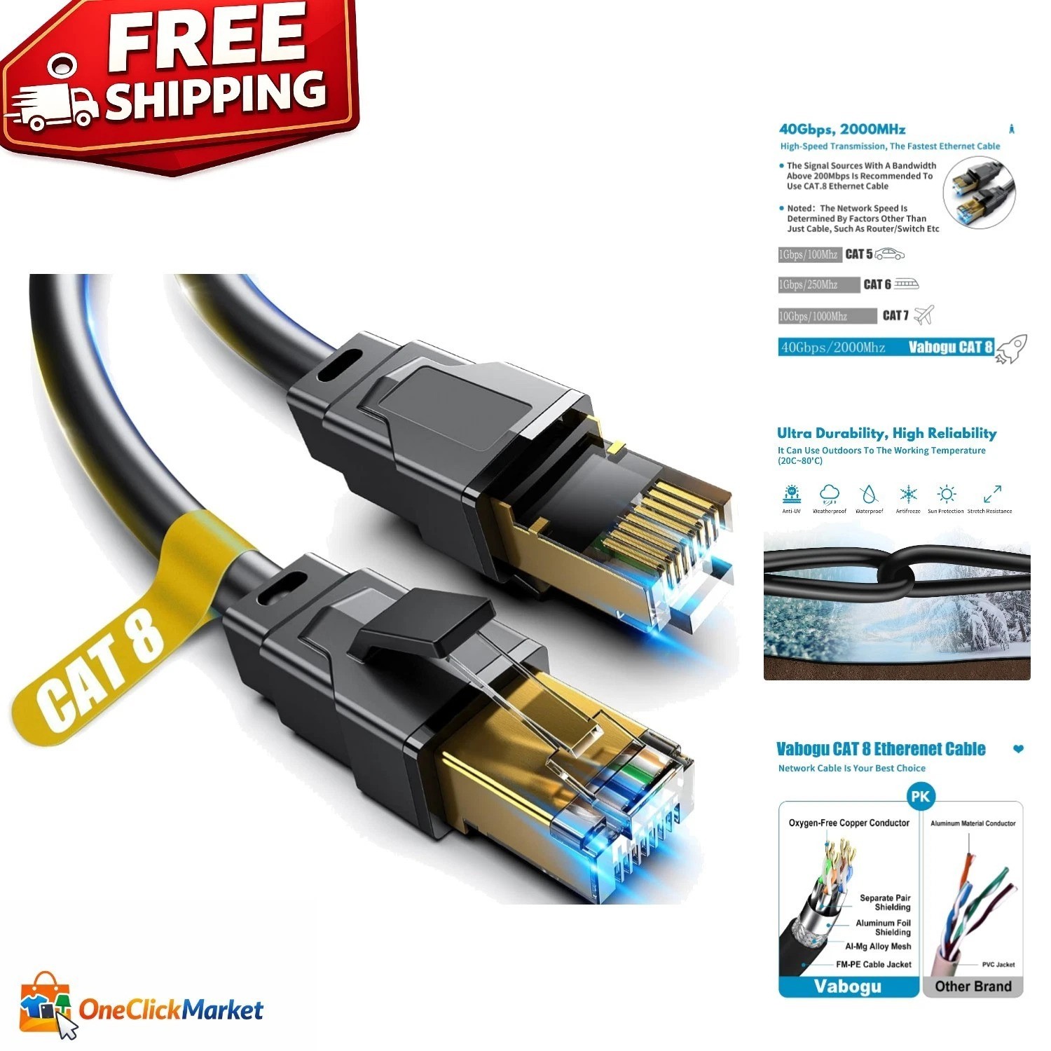 Cat 8 Ethernet Cable 3Ft – 40Gbps High-Speed for Gaming, Streaming & Office Use