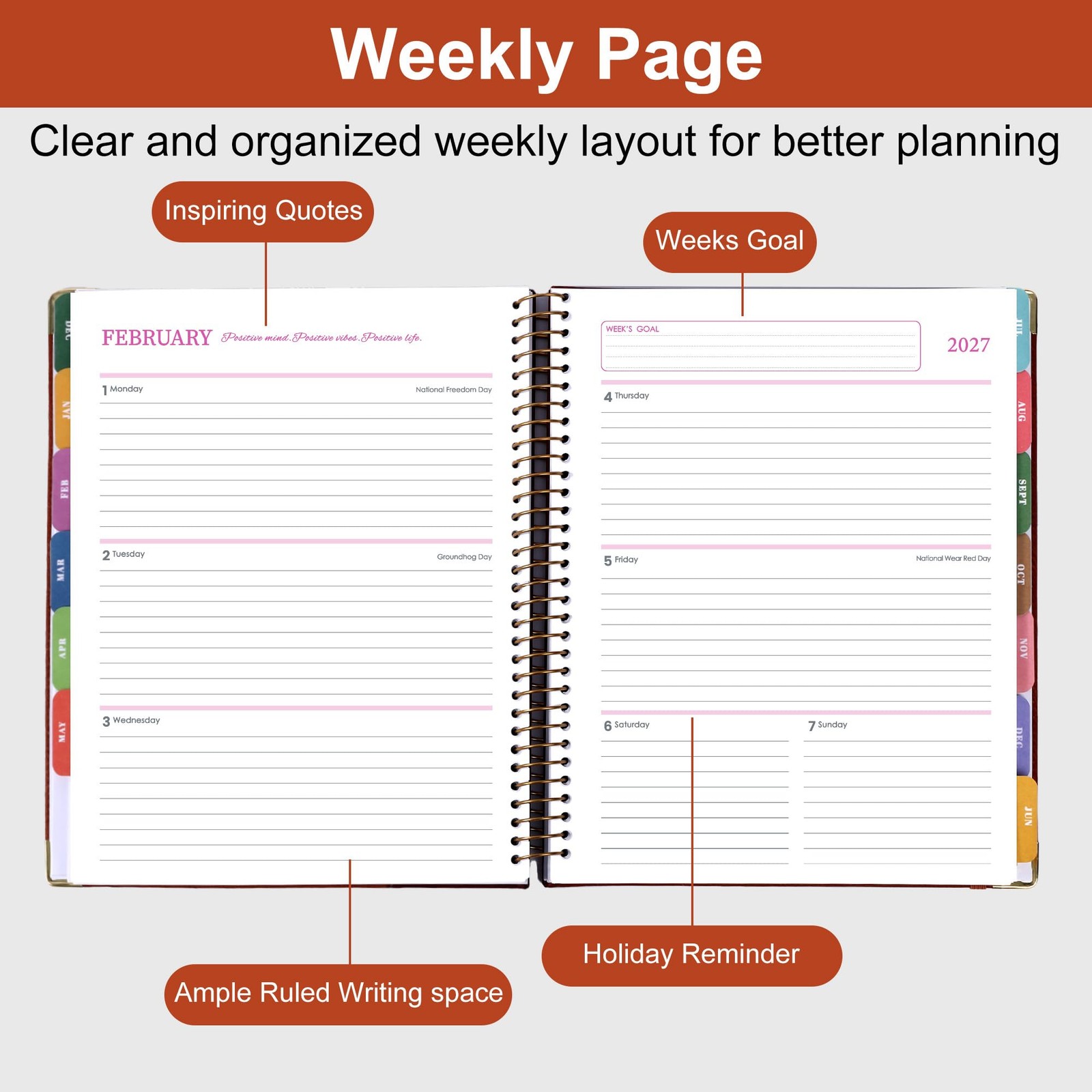 Planner 2026-2027 A4 8.5 x 11 Leather Two Tone Weekly Monthly Rust