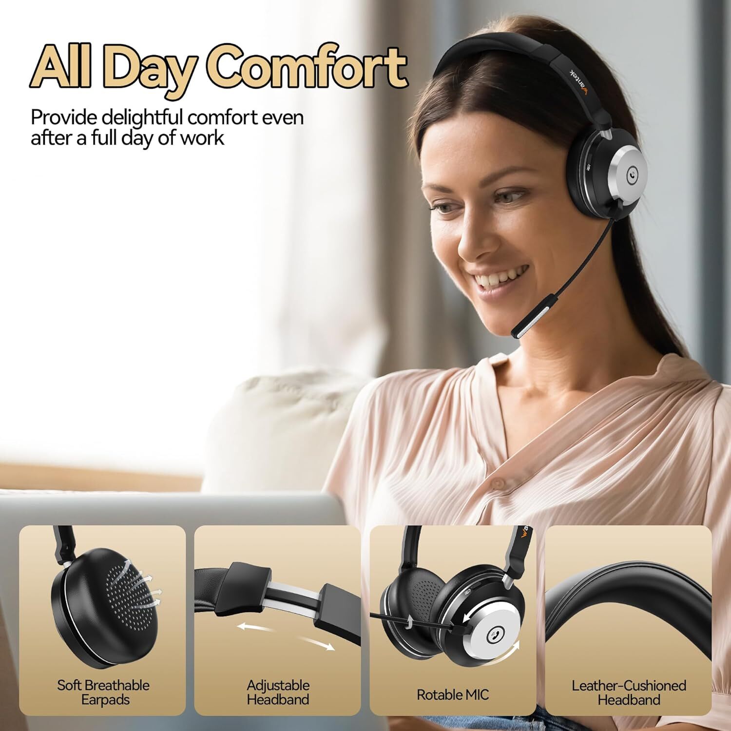 Wireless Headset Bluetooth Headphone with Mic USB Dongle for PC/Laptop/Cellphone
