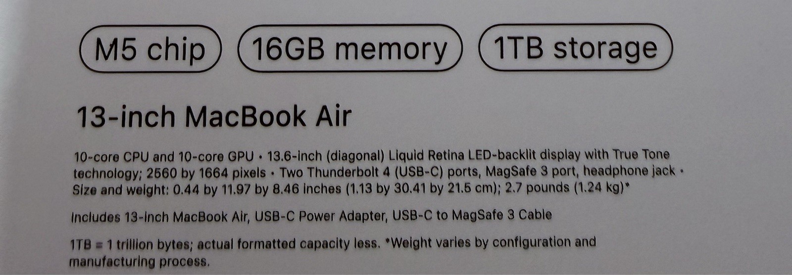 Apple MacBook Air 13.6″ M5 16GB RAM 1TB SSD Silver (2025) USB-C MagSafe