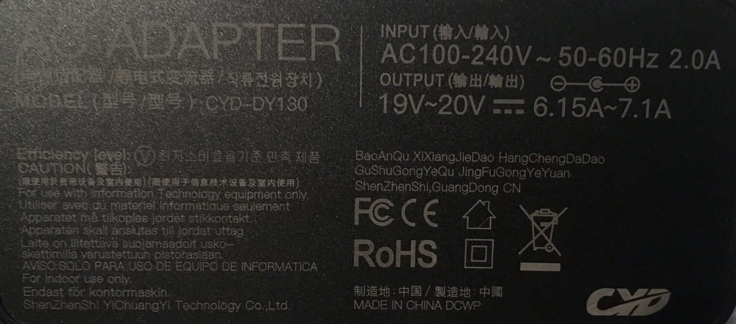 CYD-DY130 AC ADAPTER OUTPUT 19V~20V – 6.15A~7.1A