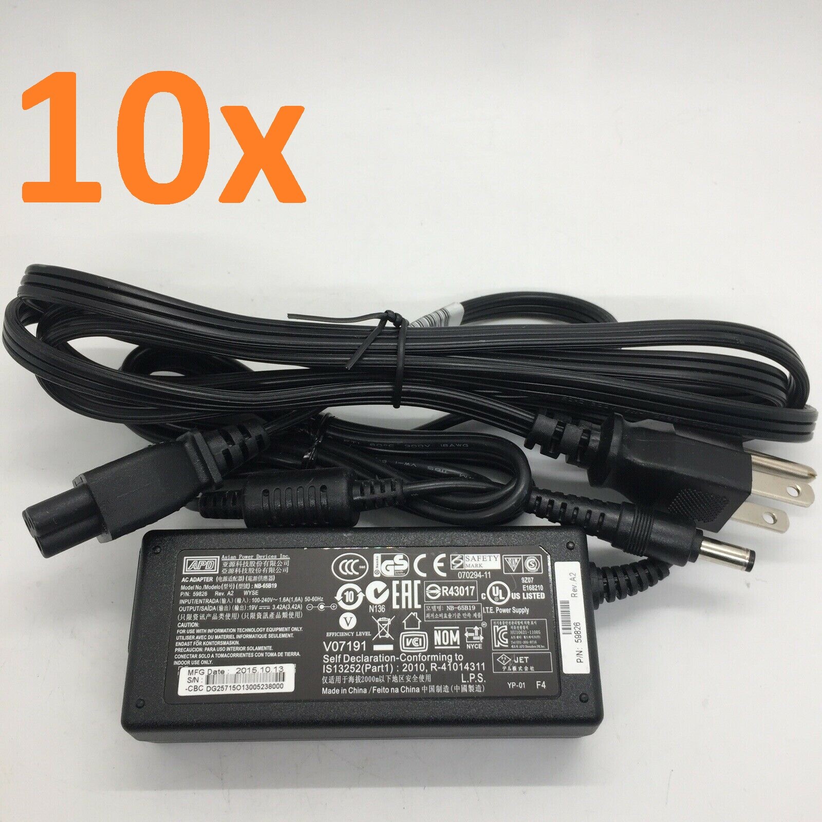 LOT of 10 – APD Adapter 65W 19V 3.42A NB-65B19 For Dell Wyse and Cisco 5.5mm