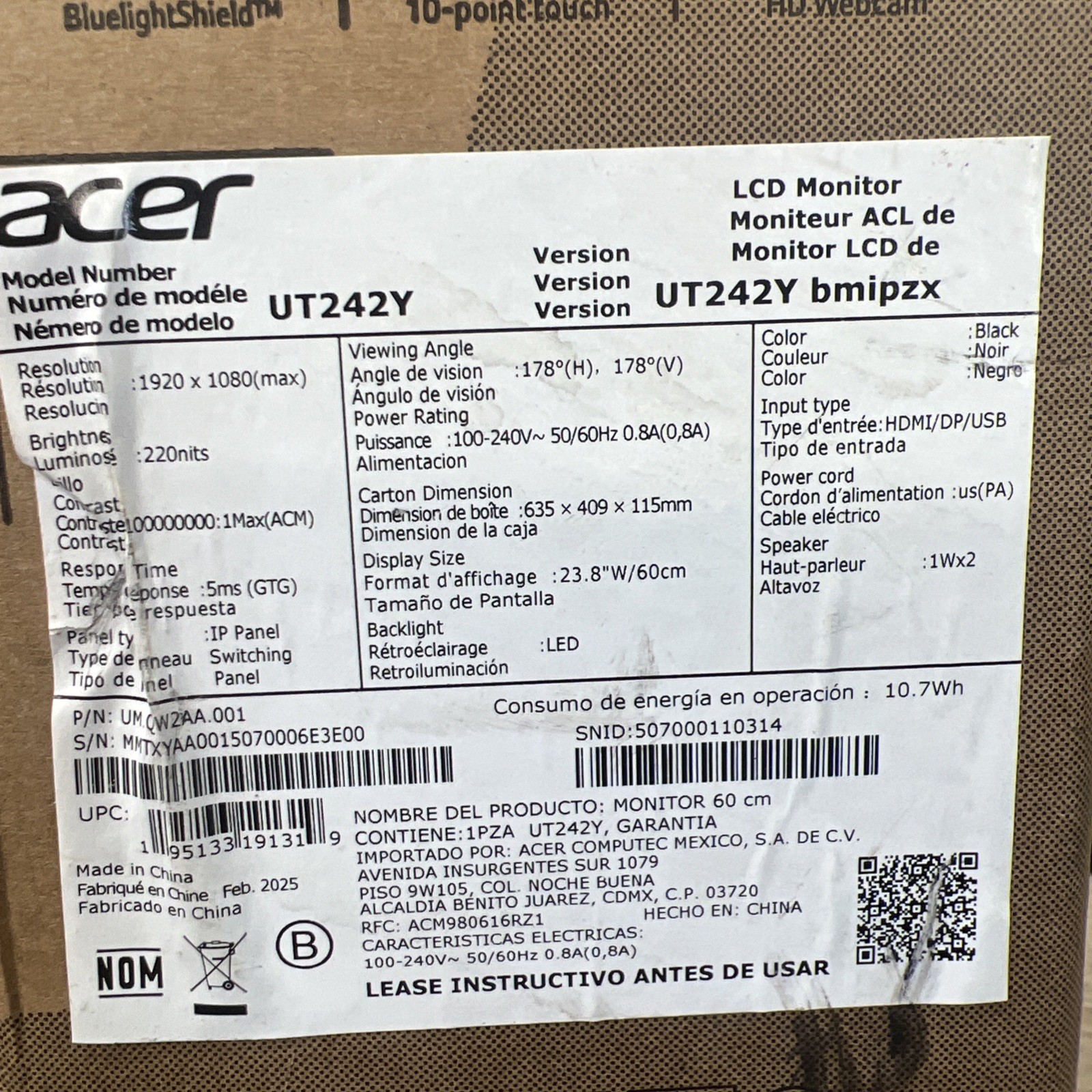 Acer UT242Y 23.8″ FHD 1920×1080 4ms LCD IPS Monitor UMQW2AA001(Distressed Box)