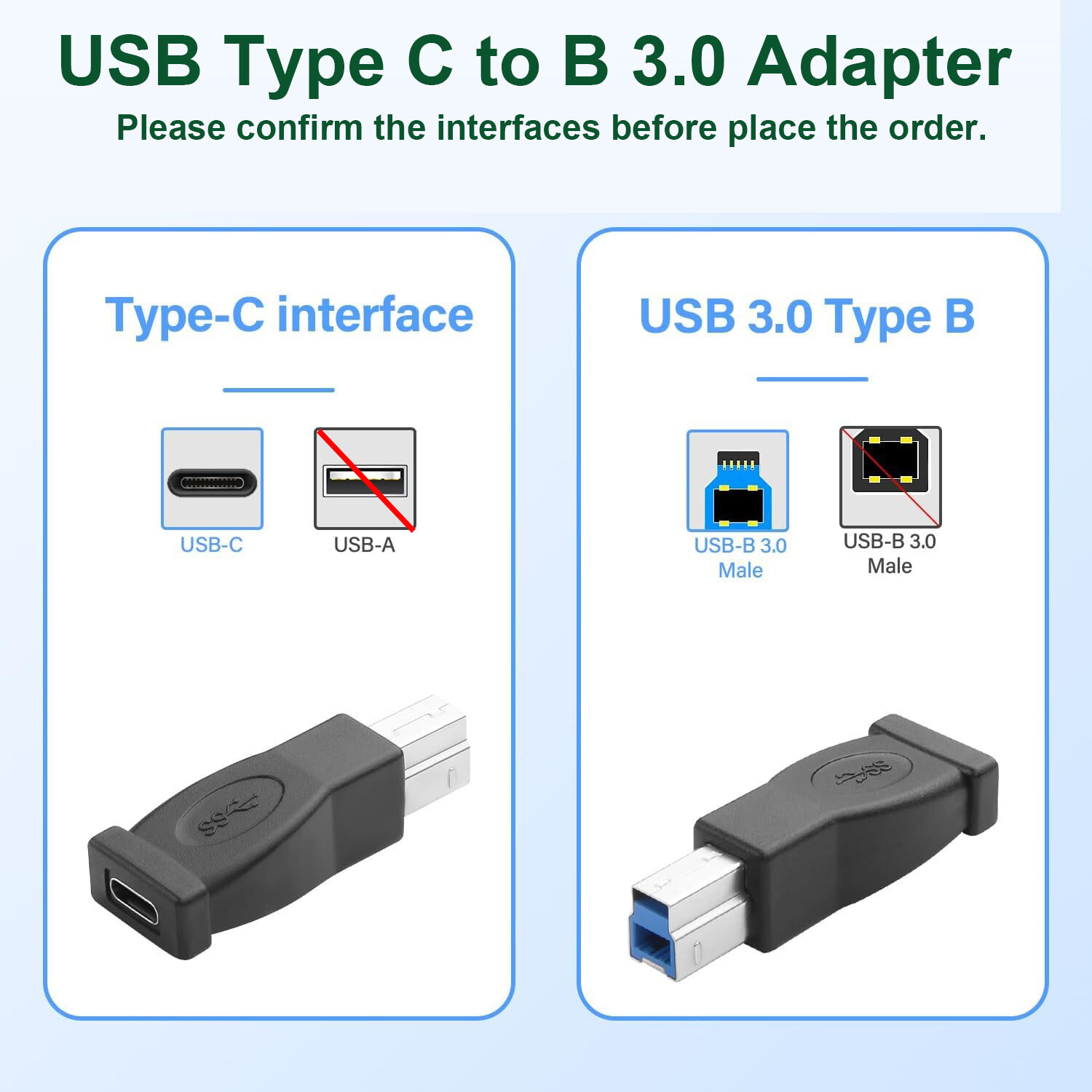 2x USB Type C Female to USB B 3.0 Male Adapter 5Gbps Hard Driver Printer Scanner