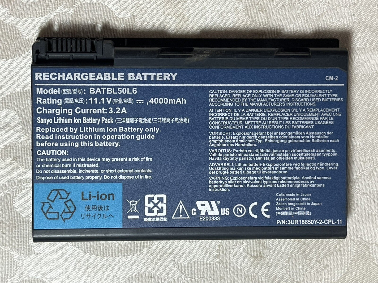 Battery 11.1V, 3.2A, Lithium lon Battery BATBL50L6