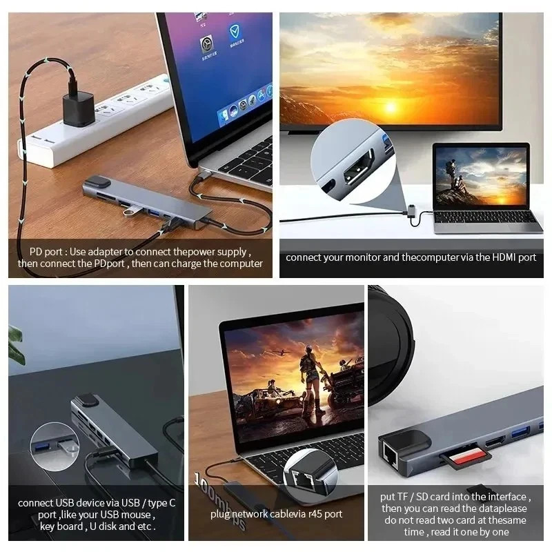 8 in 1 USB-C Hub Type C To USB 3.0 4K HDMI PD Adapter For iPhone Macbook Pro Air