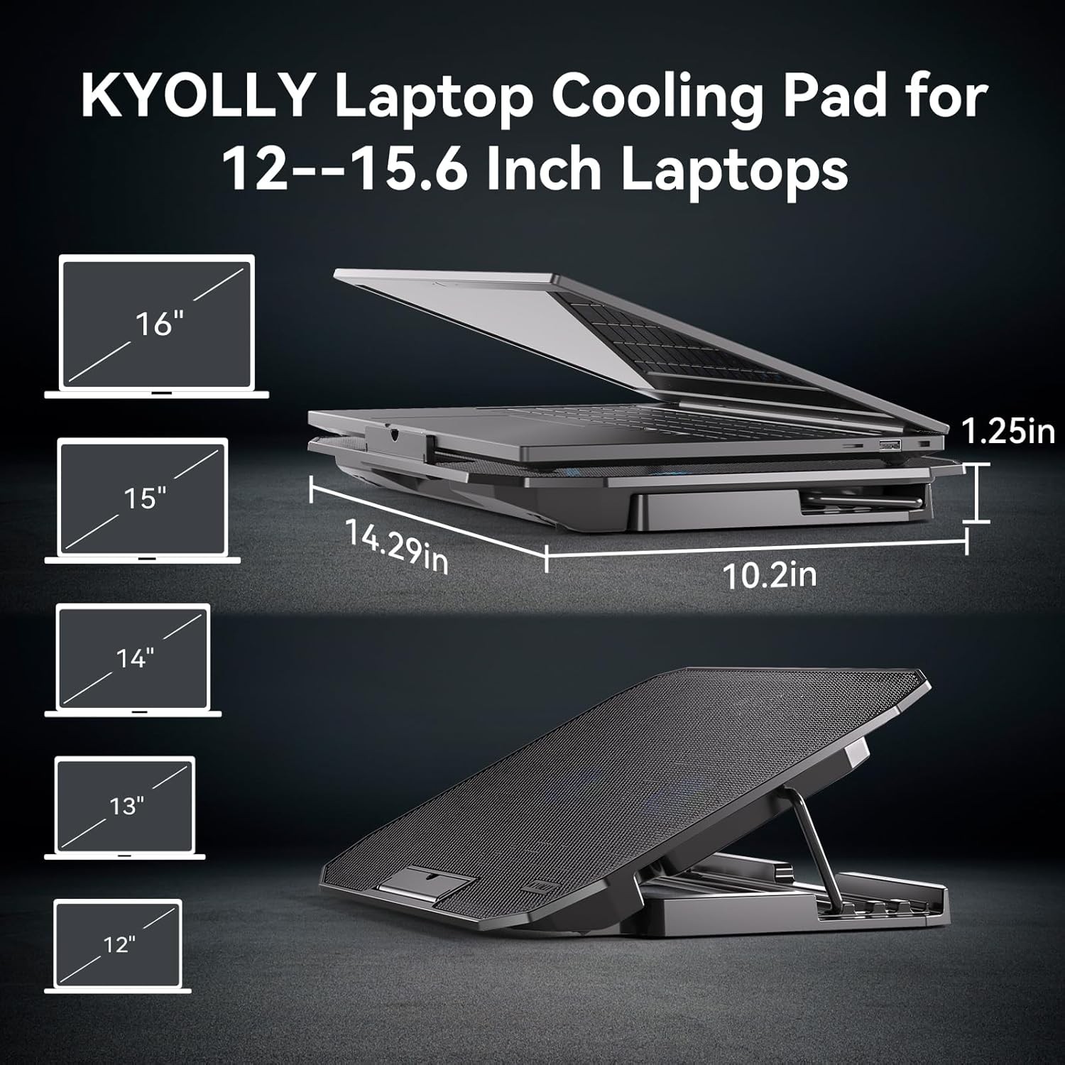 Laptop Cooling Pad 2 Quiet Fans USB Cooler Stand Adjustable for 10-15.6 Inch