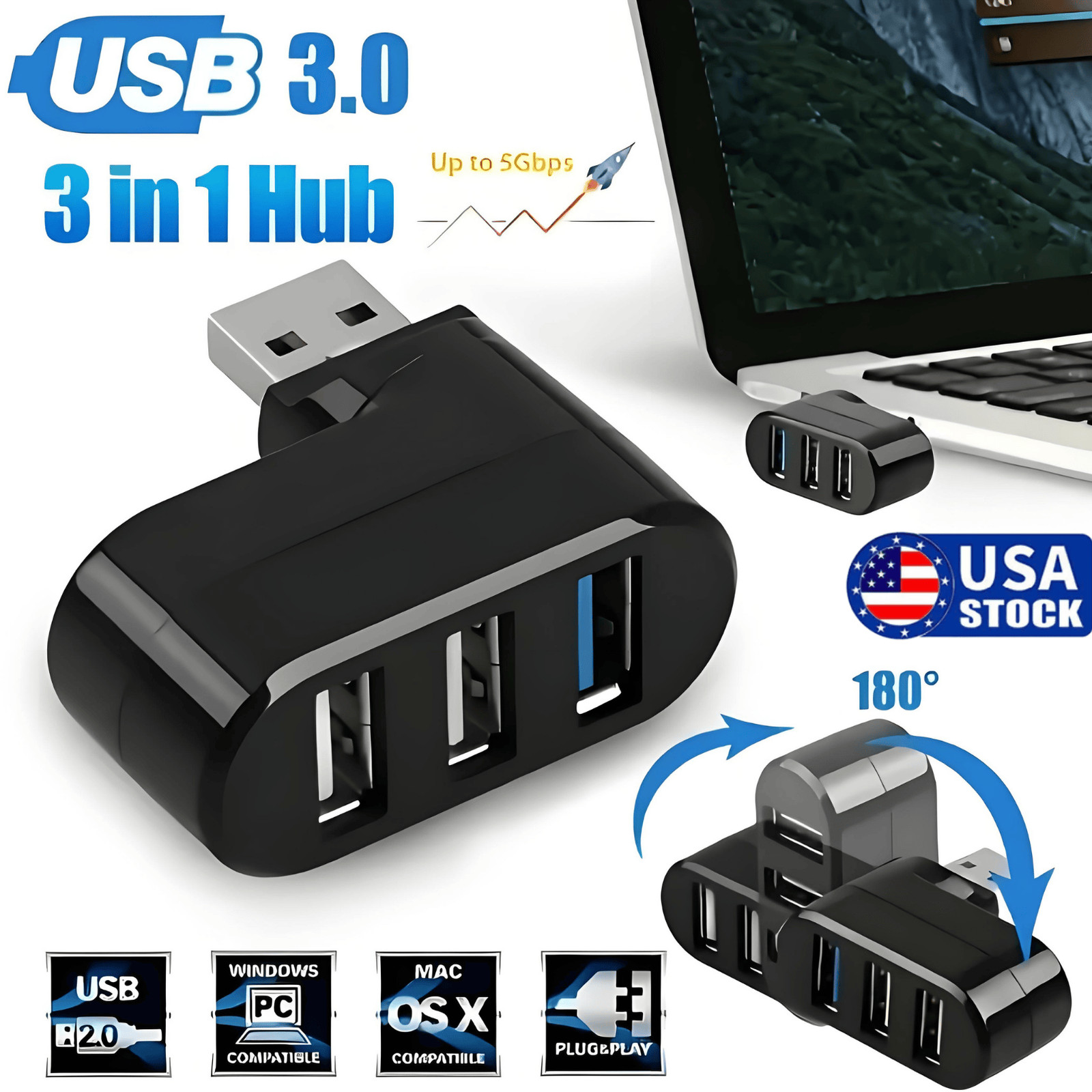 2× 3 Port High Speed USB 3.0 Multi HUB Splitter Expansion Desktop PC Laptop lot