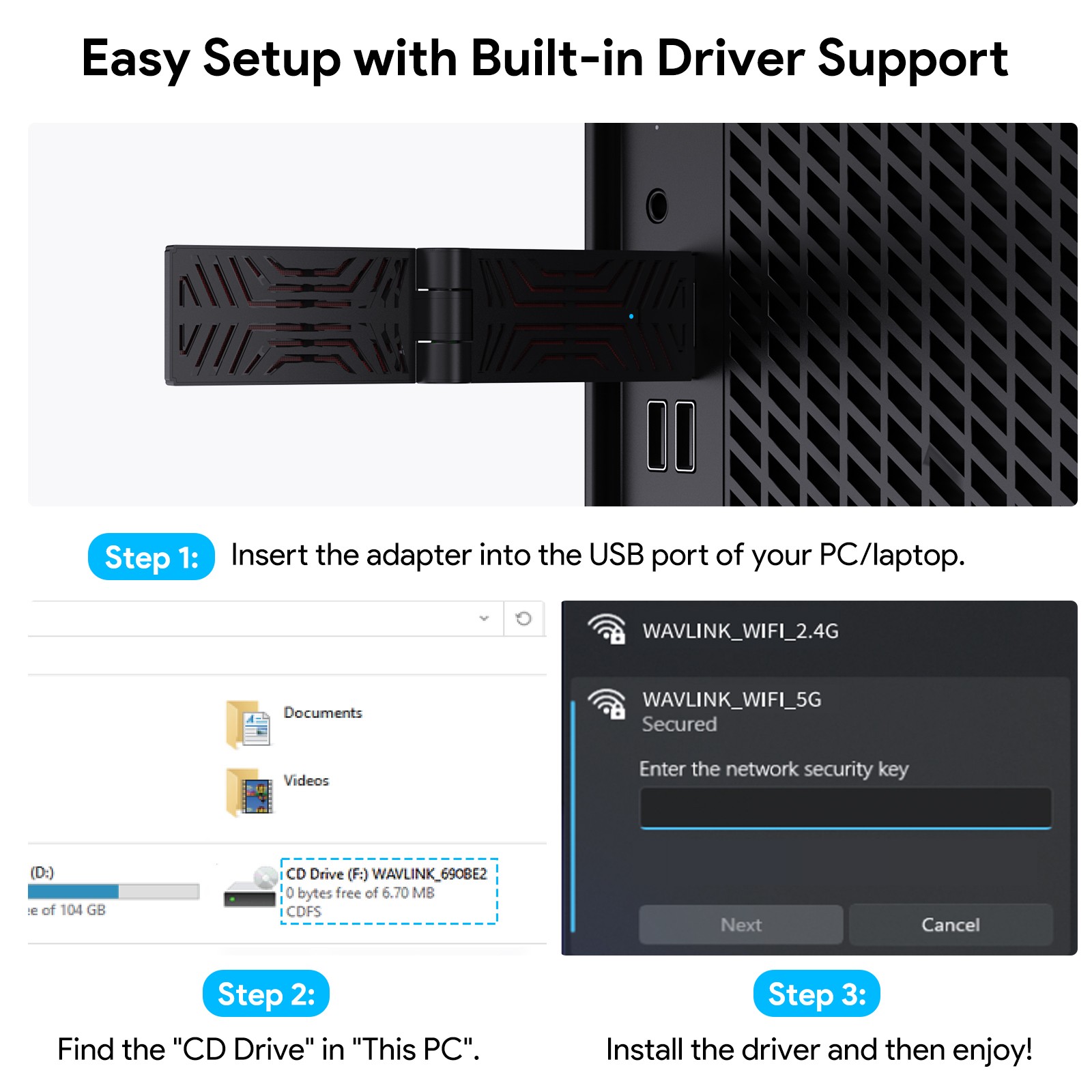 Wi-Fi 7 BE6500 Tri-Band USB 3.0 Wireless Adapter for Desktop PC Up to 6452Mbps