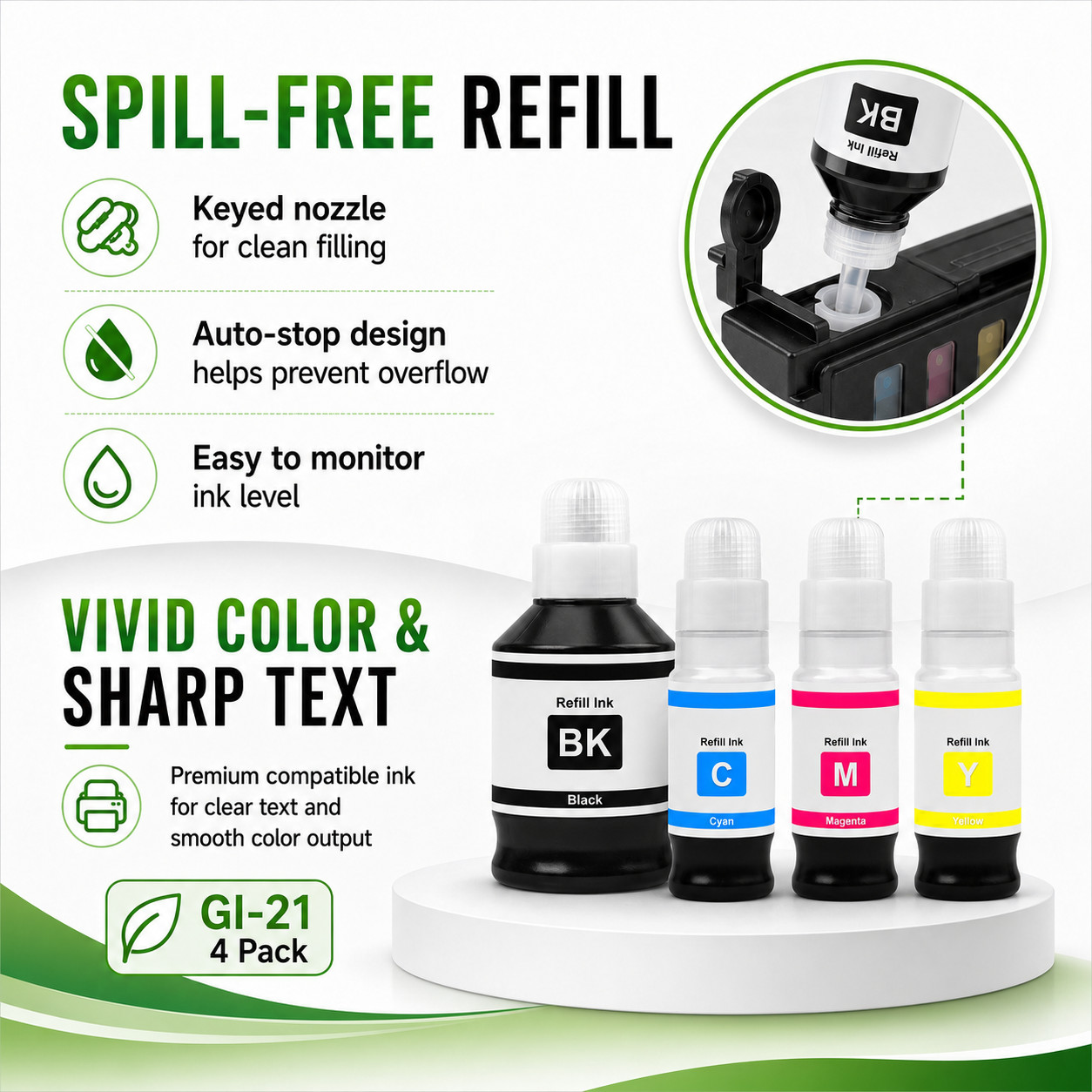GREENCYCLE GI-21 Ink Refill Bottle Set 4PK for Canon MegaTank G3272 G4270 G3290