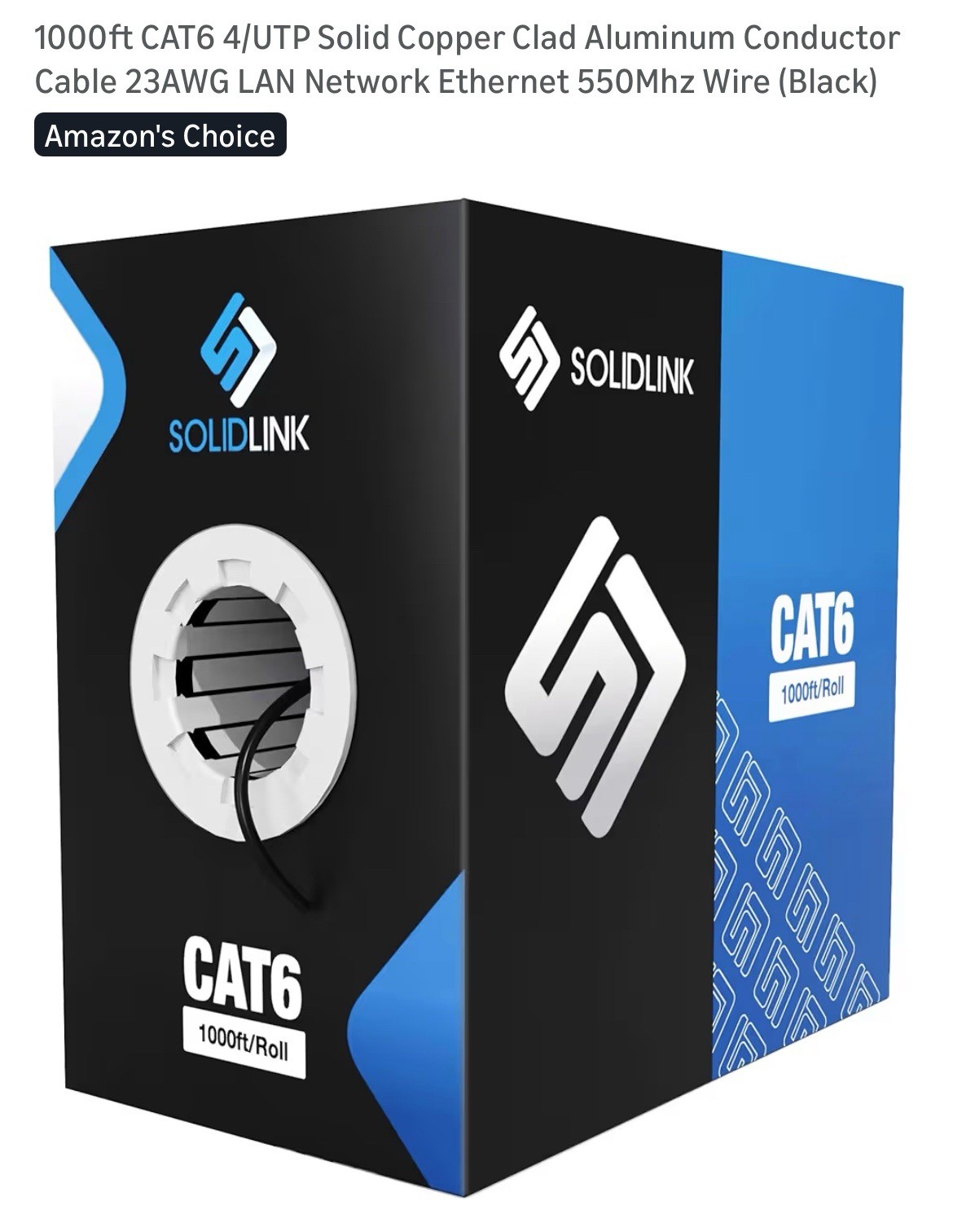 1000ft CAT6 4/UTP Solid Copper Clad Aluminum Conductor Cable 23AWG LAN (MS417)