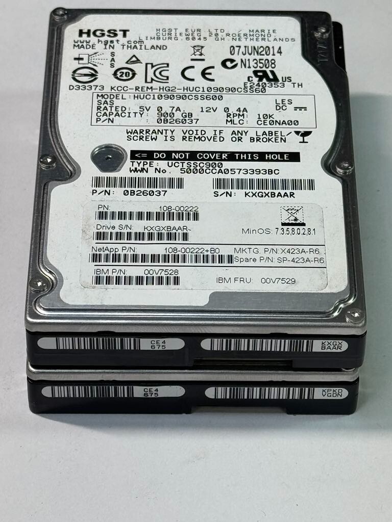 Lot of 2 NetApp 900GB 108-00222+B0 SP-423A-R6 HUC109090CSS600 6 Gb/s SAS HDD2.5″