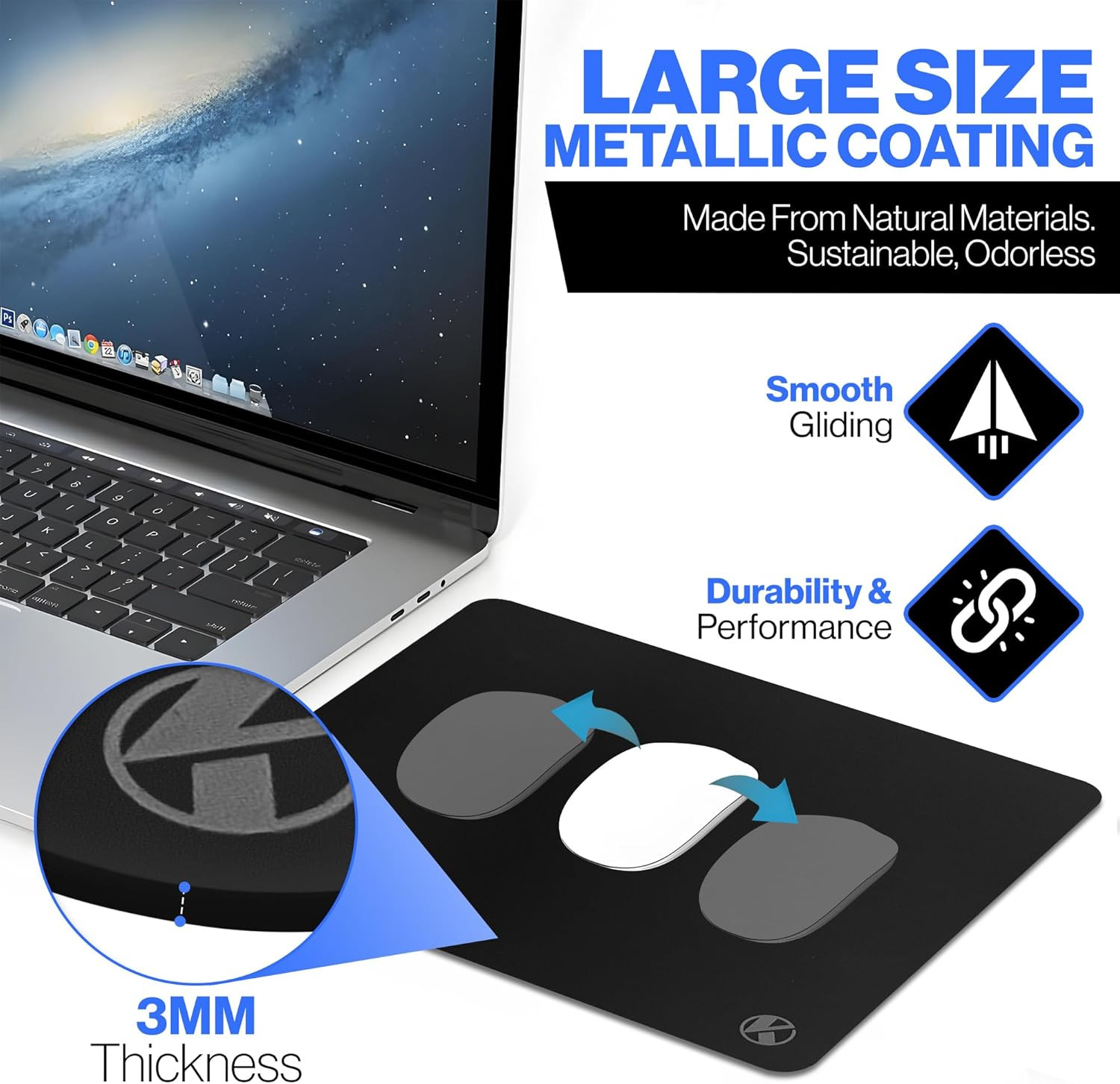 Large Metallic Coated Hard Surface Mouse Pad Black Smooth Glide for Gaming