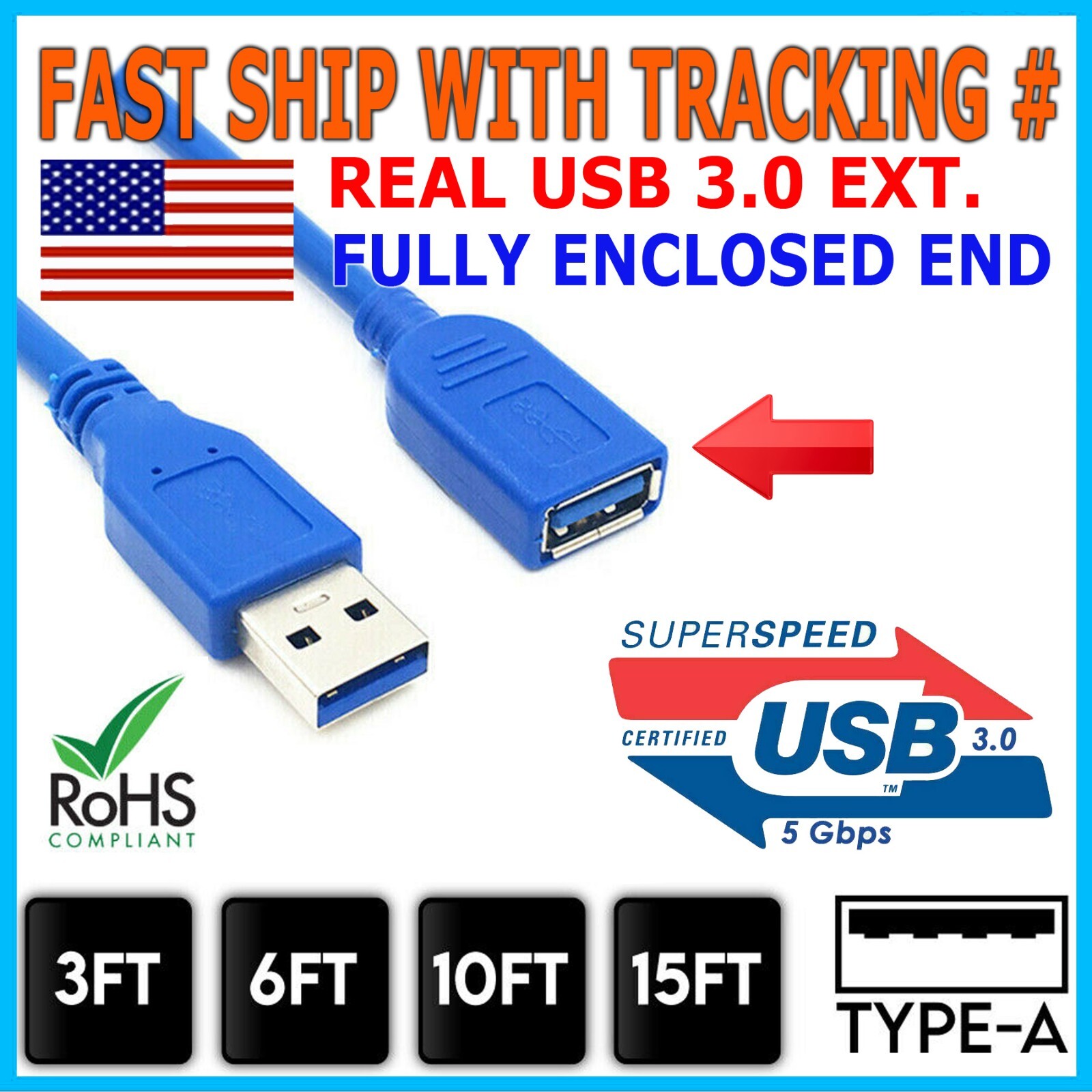 USB 3.0 Extender Extension Cable Cord Type A Male to Female 2-10FT HIGH SPEED